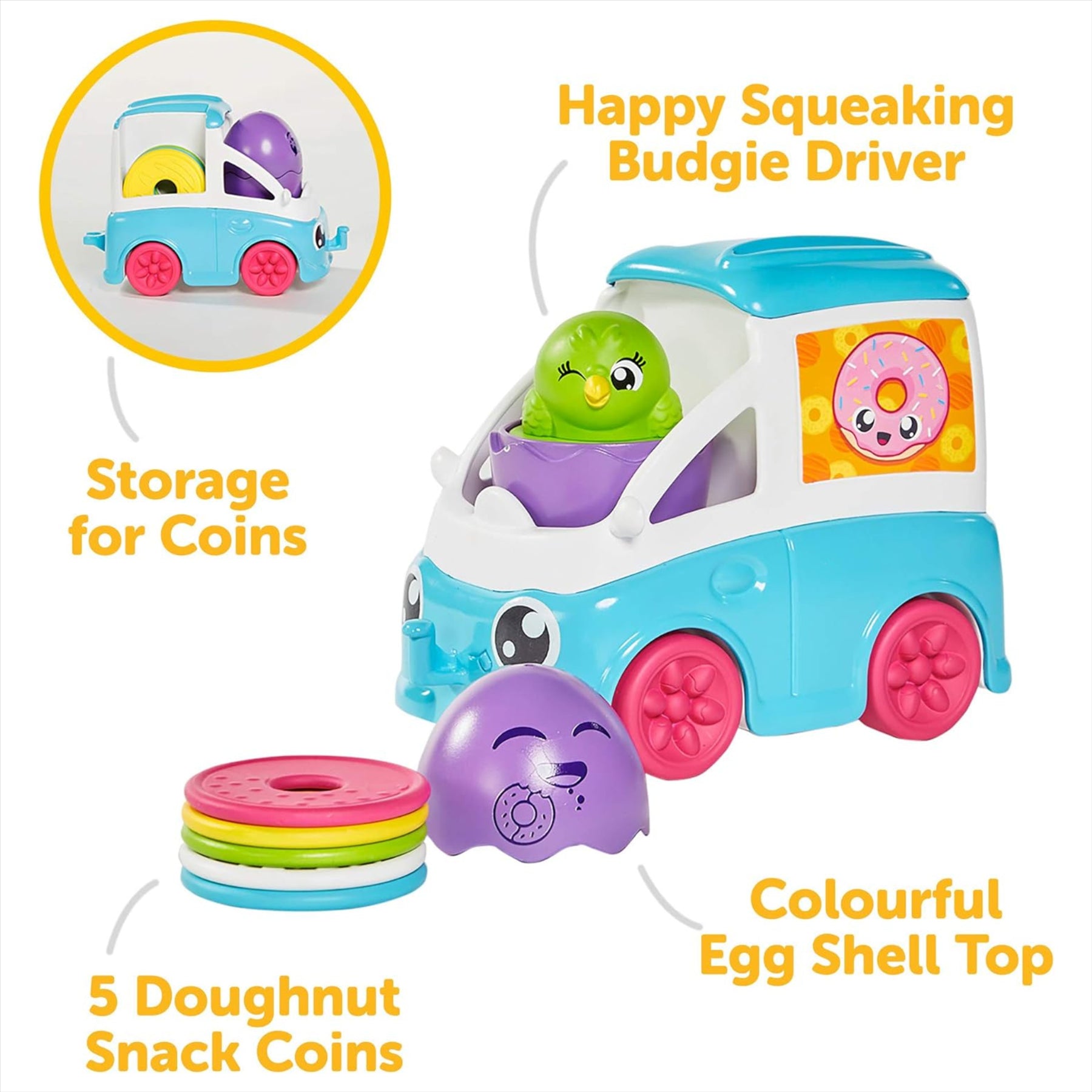 Tomy: Toomies - Fill and Pop Doughnut Truck with Hide and Squeak Egg - Educational Push-Along Play Toy for Toddlers - Toptoys2u