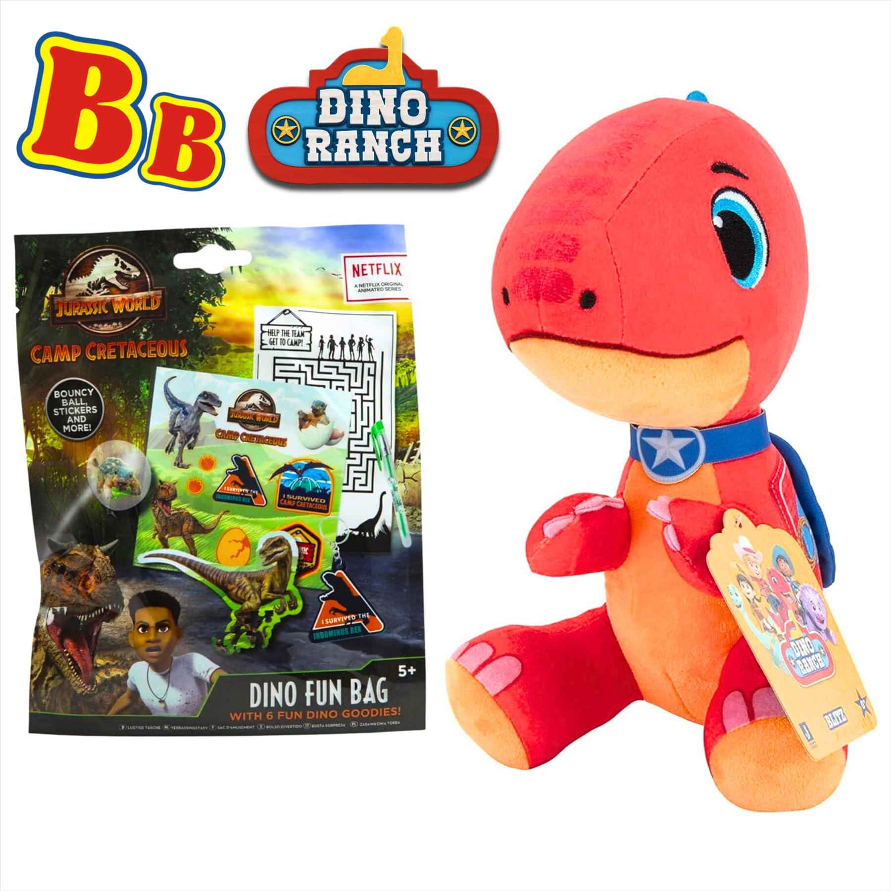 Dino Ranch Blitz 20cm Super Soft Embroidered Gift Quality Plush Toy and Dino Fun Bag