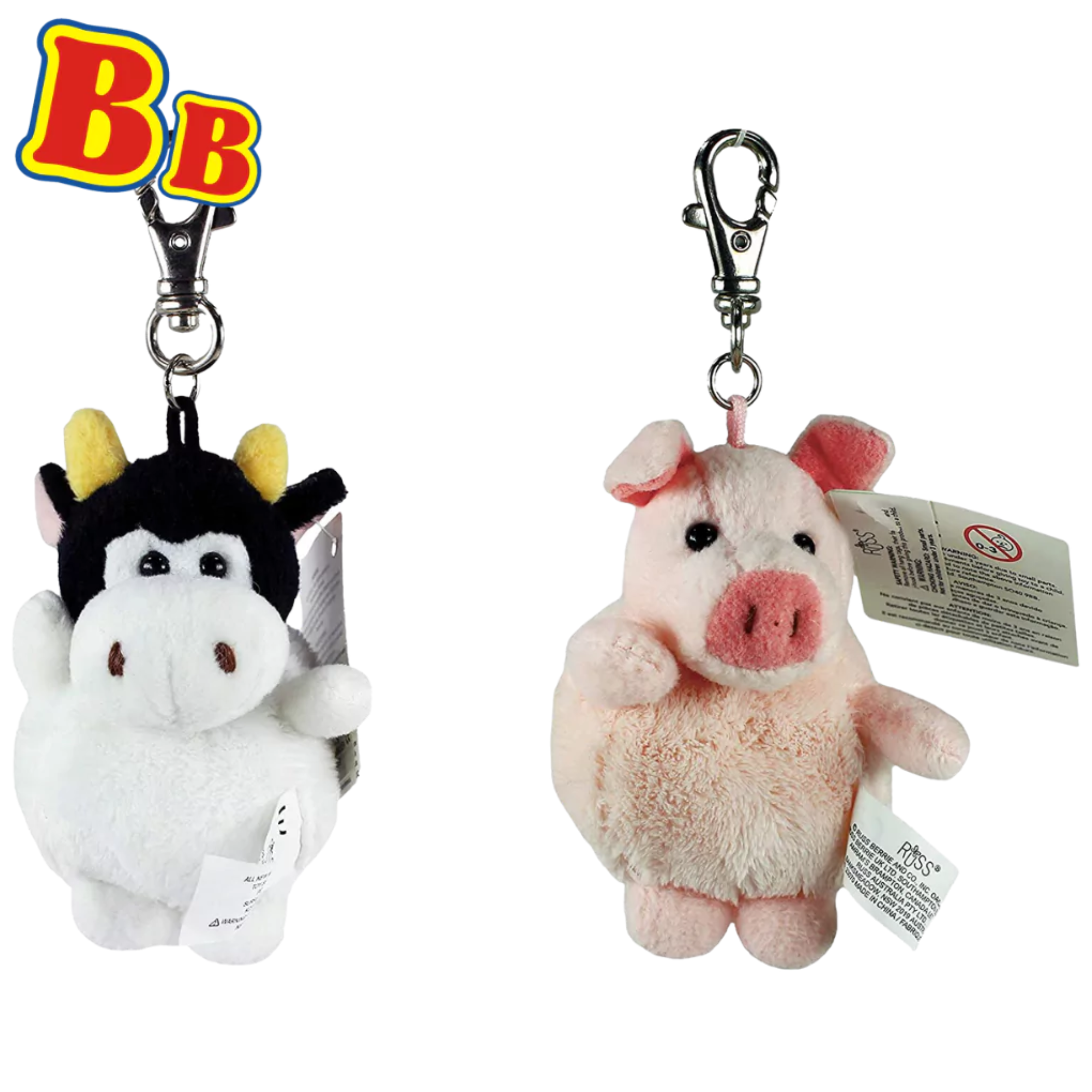Russ Berrie Barnyard Pals Animal Key Pals Plush Keyclip Set of 2 - Pig & Cow - Toptoys2u