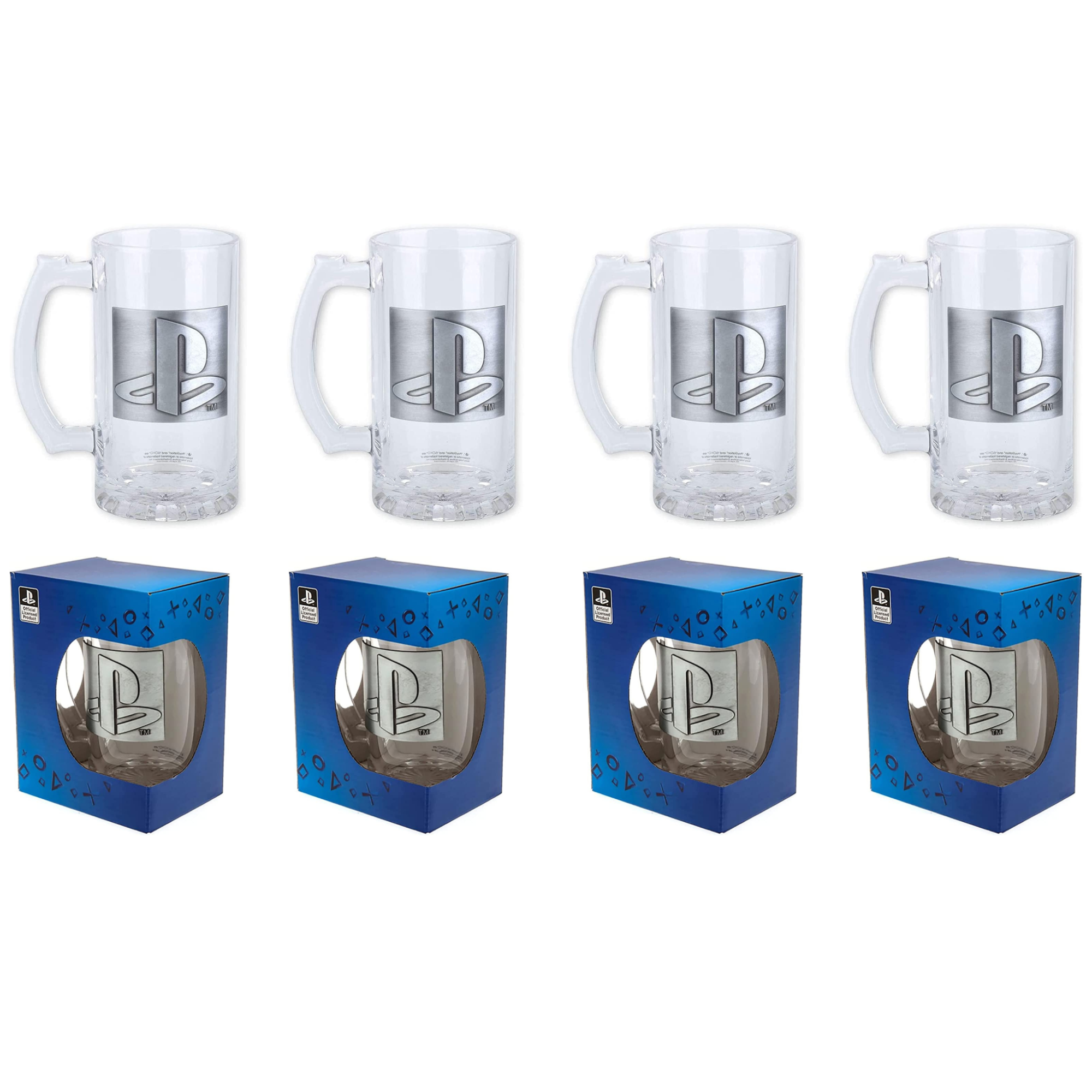 4 x Officially Licensed Playstation 500ml Glass Beer Drink Stein with Metal Logo Badge in Gift Box - Toptoys2u