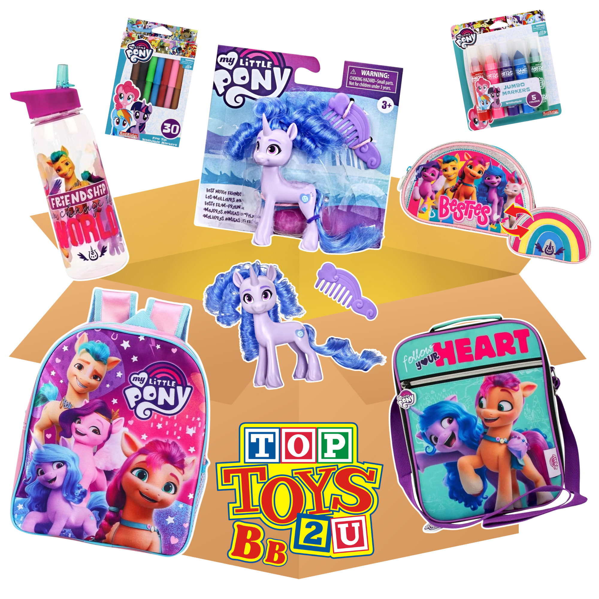 My Little Pony Back to School 7 Piece Bundles - Fine Tip Markers, Jumbo Markers, Water Bottle, Pencil Case, Lunchbox, Rucksack & Play Figure - Toptoys2u