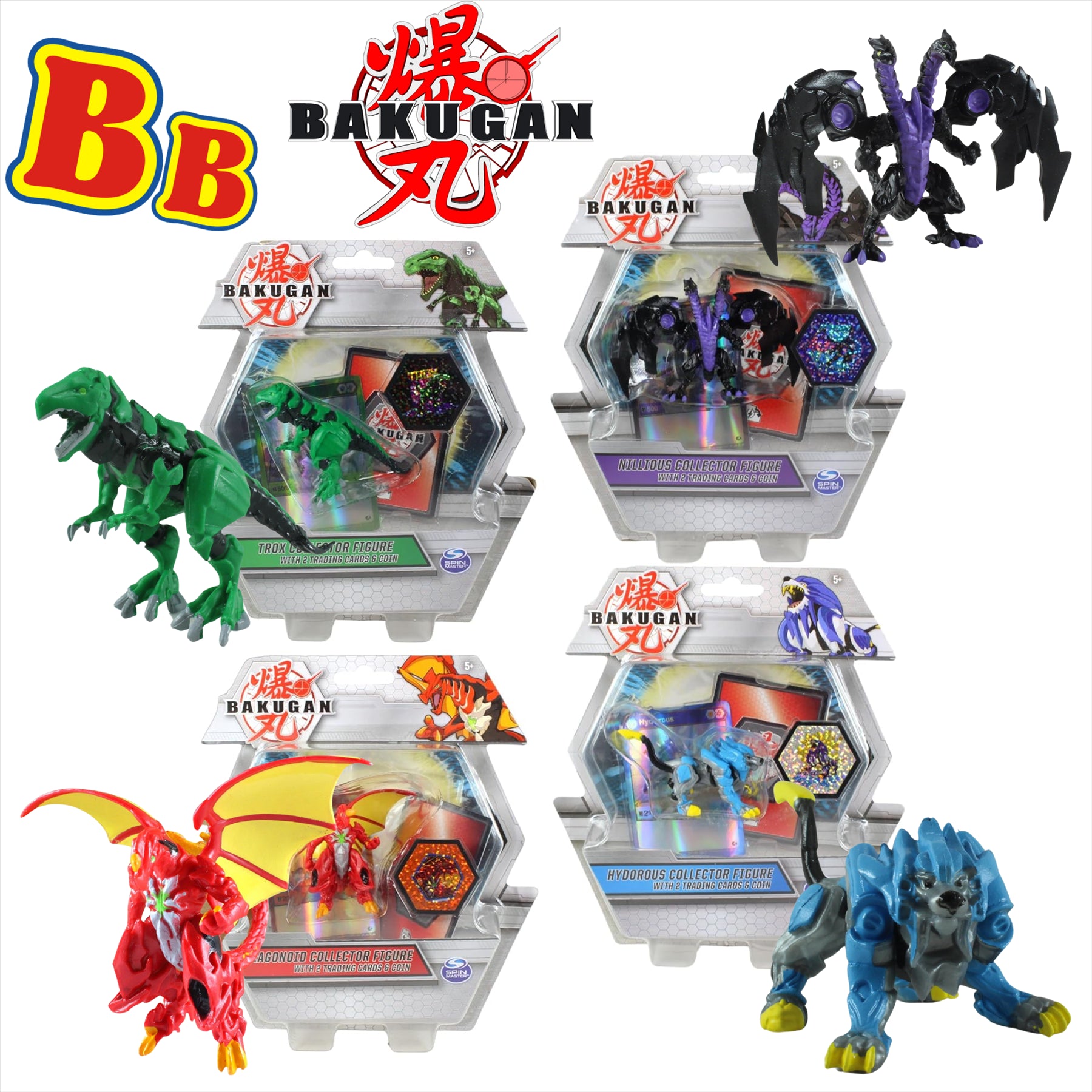 Bakugan - Deluxe Collector Figure Bundle With 2x Cards & Coin In Each Pack - 4 Pack - Set 1 - Toptoys2u