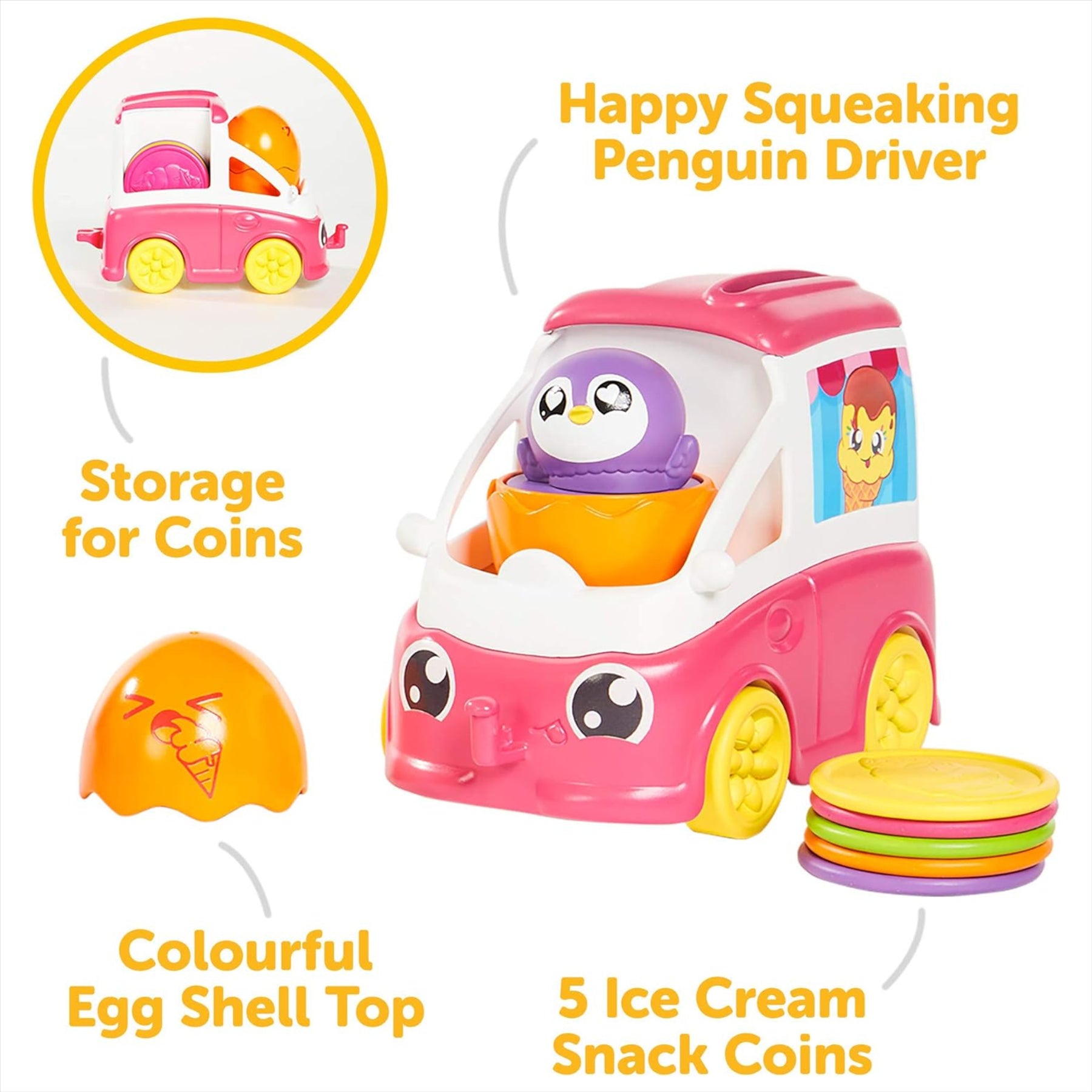 Tomy: Toomies - Fill and Pop Ice Cream Truck with Hide and Squeak Egg - Educational Push-Along Play Toy for Toddlers - Toptoys2u