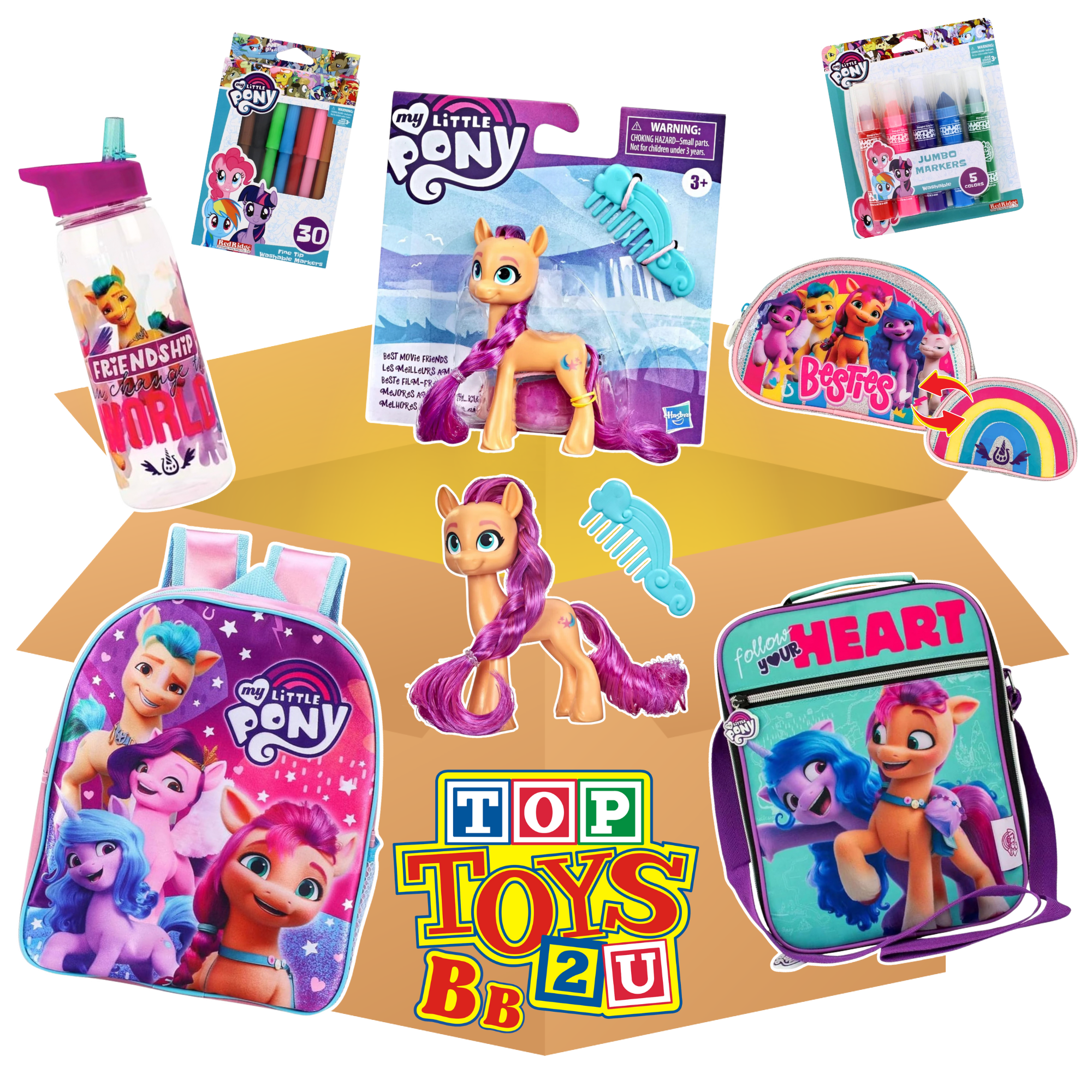 My Little Pony Back to School 7 Piece Bundles - Fine Tip Markers, Jumbo Markers, Water Bottle, Pencil Case, Lunchbox, Rucksack & Play Figure