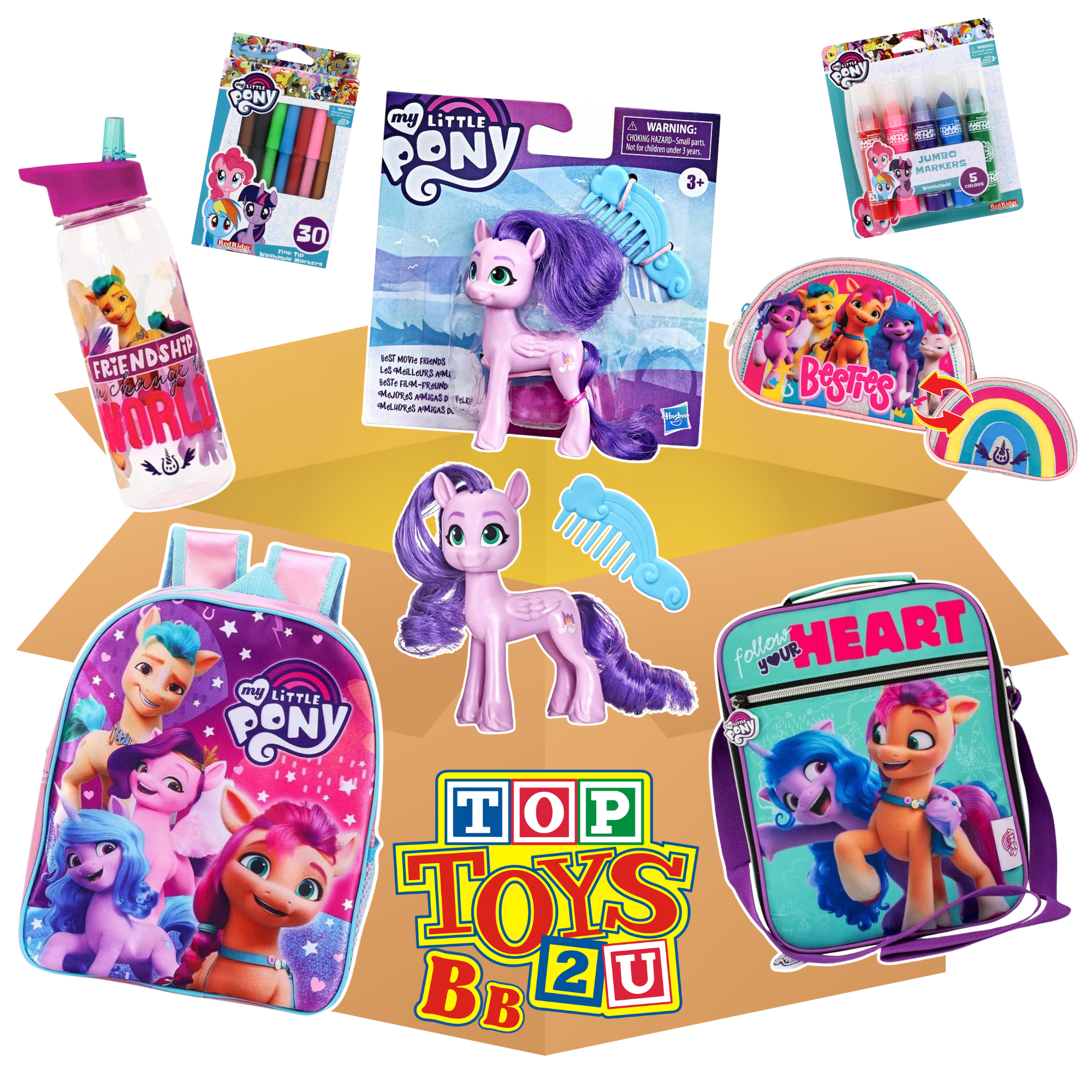 My Little Pony Back to School 7 Piece Bundles - Fine Tip Markers, Jumbo Markers, Water Bottle, Pencil Case, Lunchbox, Rucksack & Play Figure - Toptoys2u