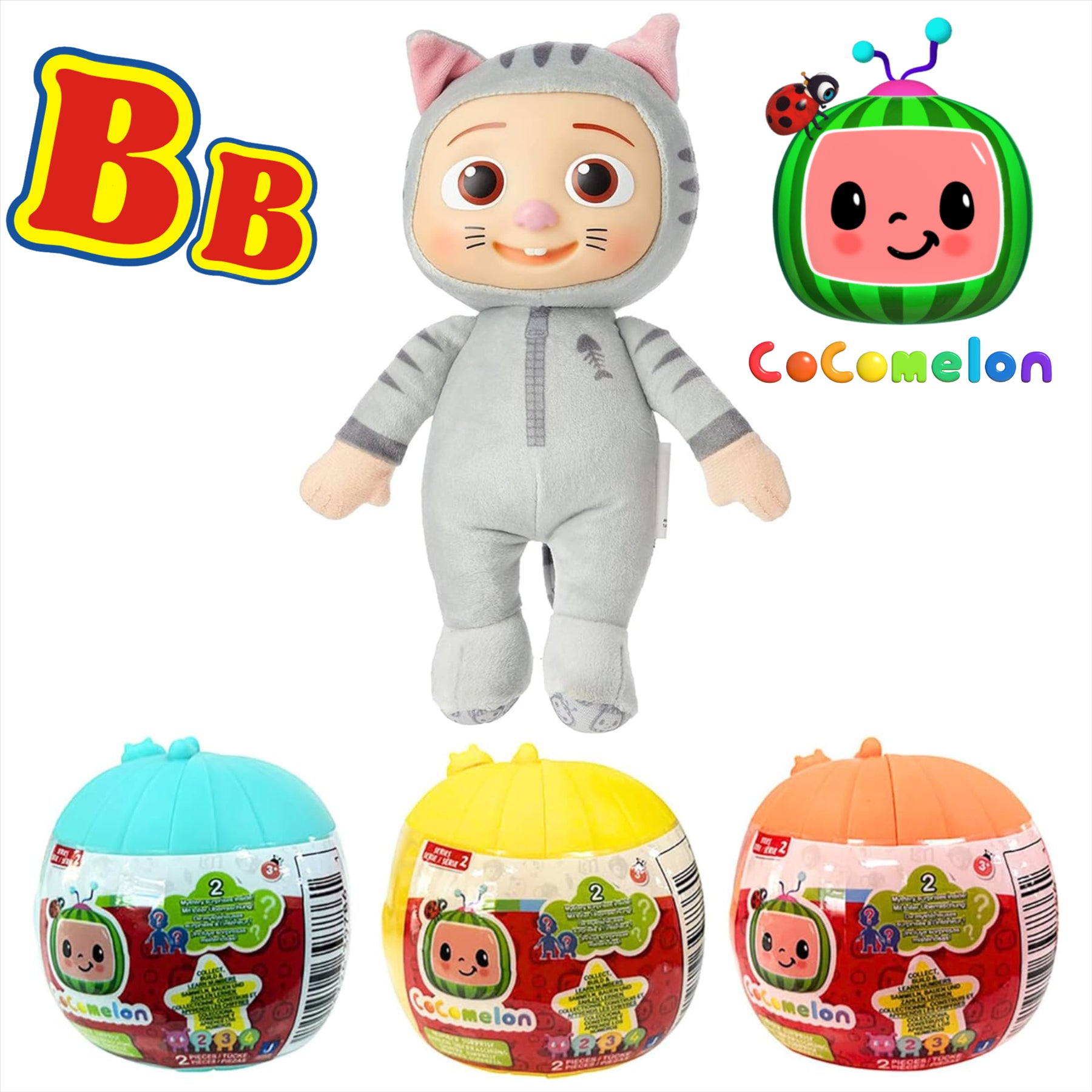 CoComelon Blind Capsule Number Character Articulated Figure Set - Kitty 20cm Plush and 3x Balls - Toptoys2u