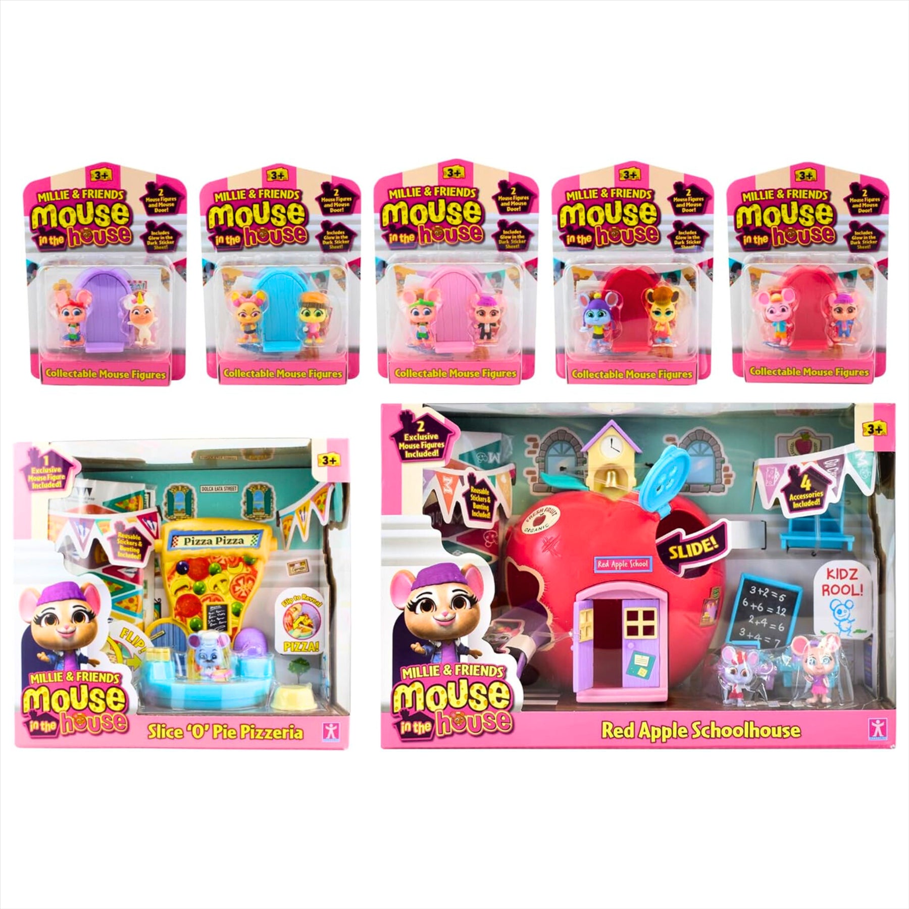 Millie and Friends Mouse in the House Mega Bundle - Red Apple School Playset, Slice 'O' Pie Pizzeria Playset, and 5x Collectable Mouse Figure Packs