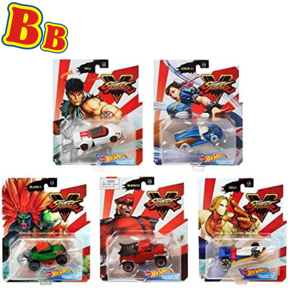 Hot Wheels Character Cars Street Fighter V Diecast - Ryu, Chun-Li, Blanka, M.Bison & Vega - Complete Set of All 5 - Toptoys2u