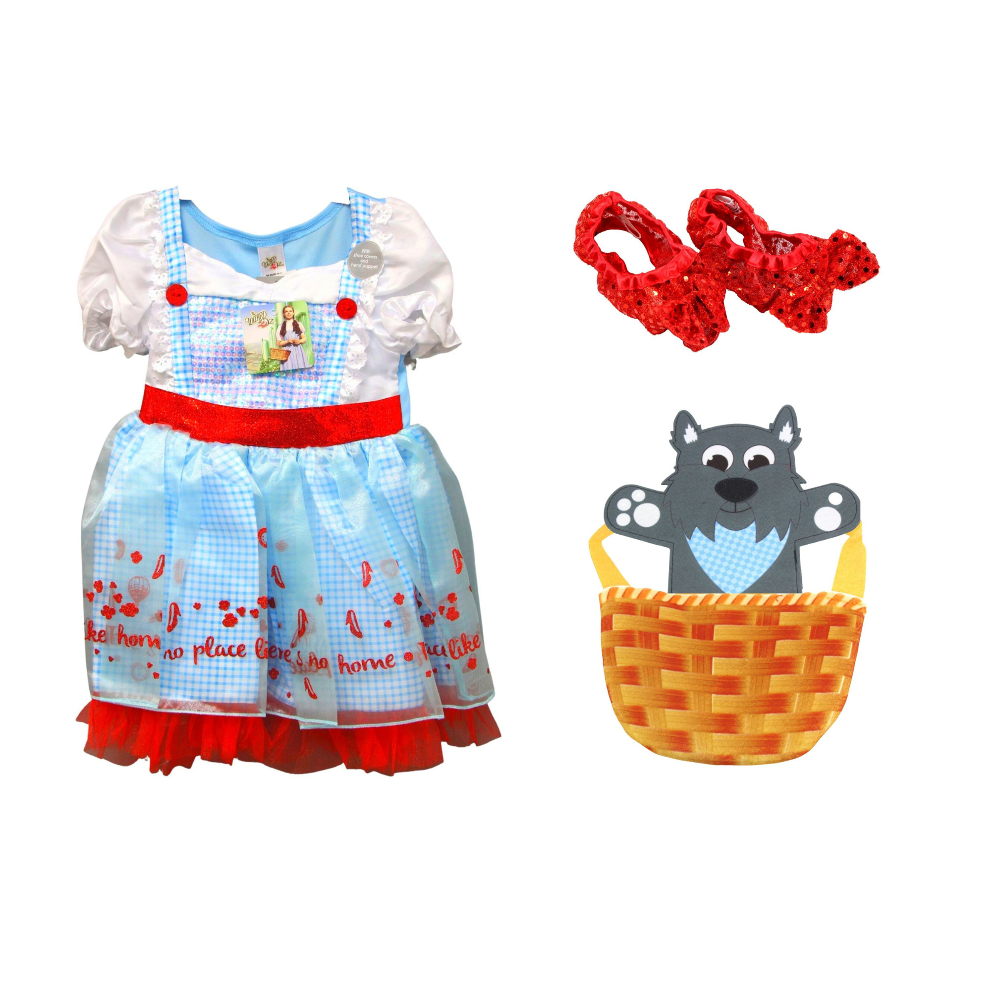 The Wizard of Oz Dorothy Sequin Children's Fancy Dress Costume Includes Shoe Covers, Hand Puppet and Bag - Toptoys2u