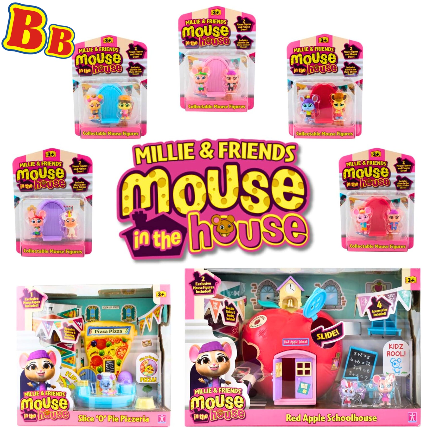Millie and Friends Mouse in the House Mega Bundle - Red Apple School Playset, Slice 'O' Pie Pizzeria Playset, and 5x Collectable Mouse Figure Packs