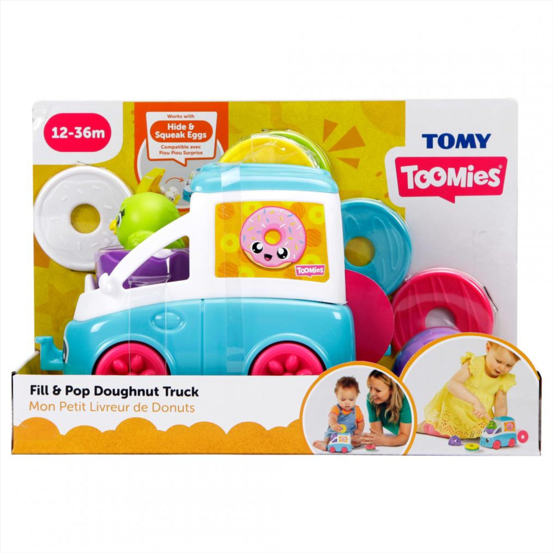 Tomy: Toomies - Fill and Pop Doughnut Truck with Hide and Squeak Egg - Educational Push-Along Play Toy for Toddlers - Toptoys2u