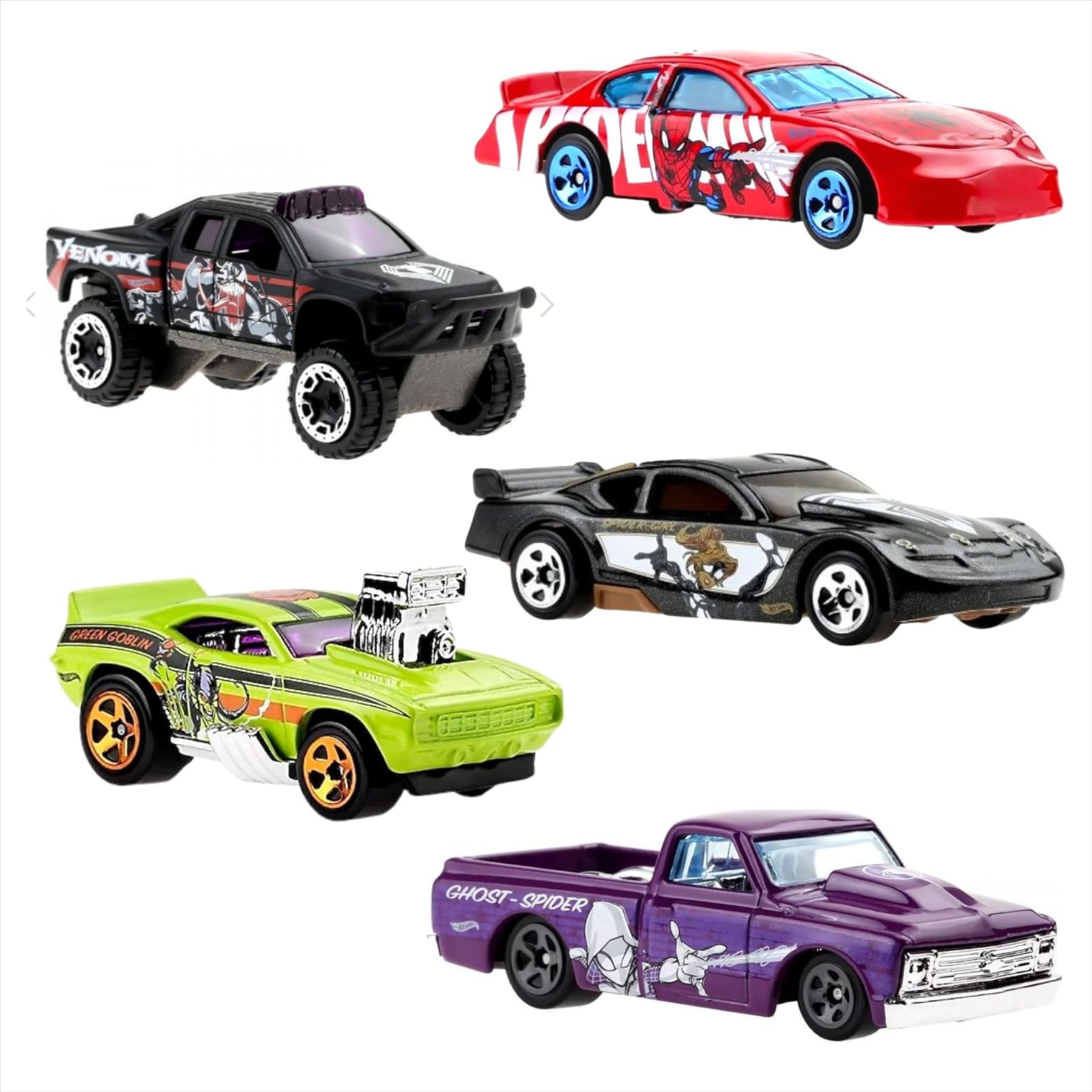 Hot-Wheels Diecast Spiderman Character Cars - Pack of All 5 Character Vehicles - Toptoys2u