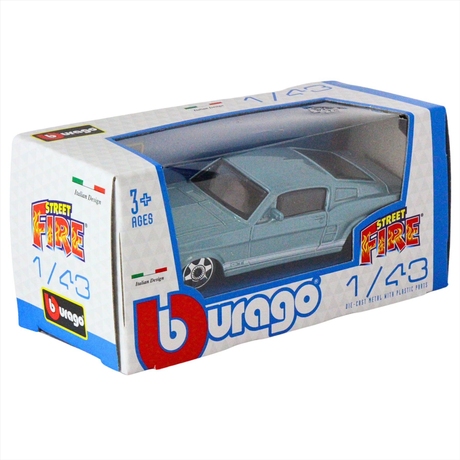 Bburago Fire Street Ford Mustang GT Light Blue 1:43 Scale Diecast Car - Toptoys2u
