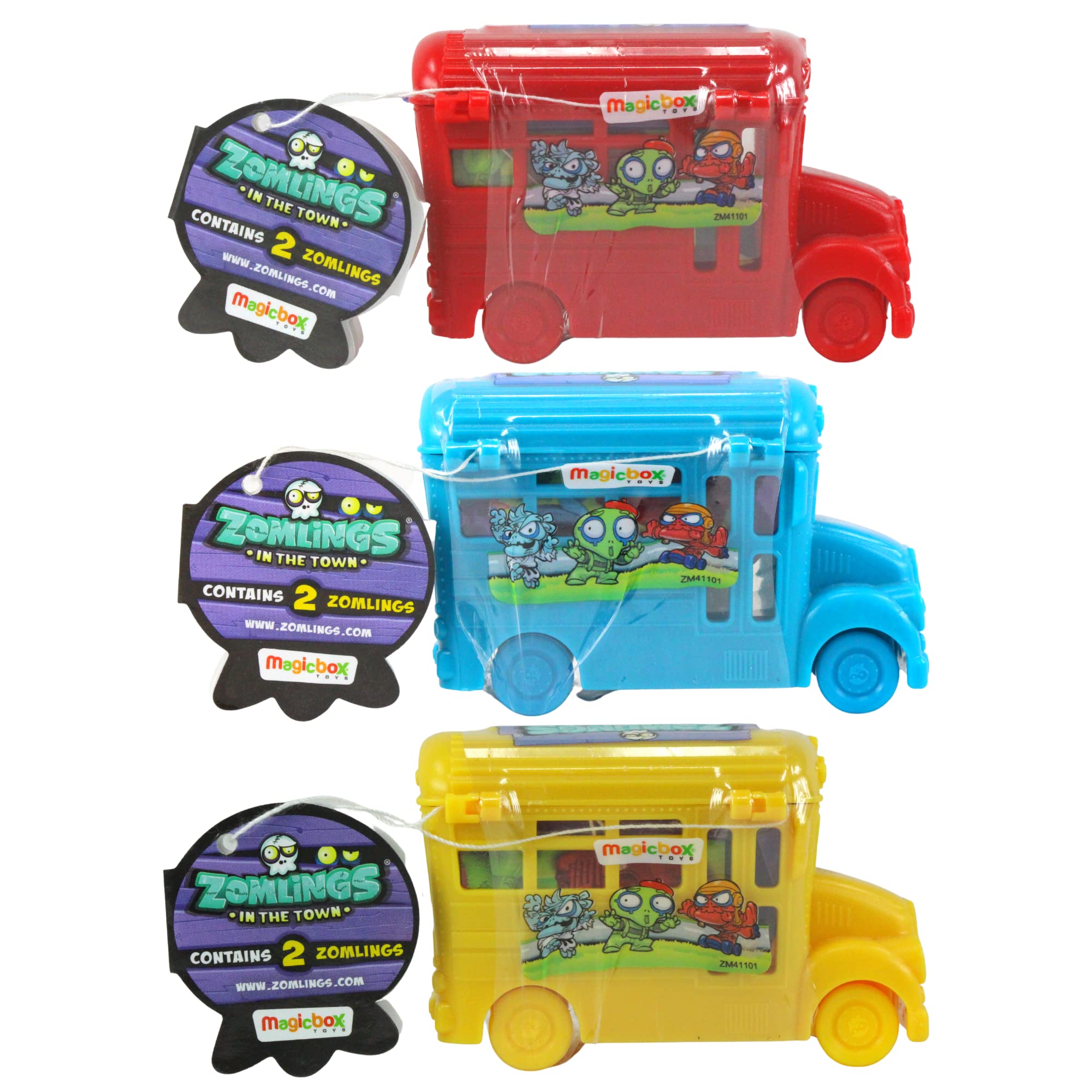 Zomlings In The Town Series 4 Set of 3 Zom Mobiles Blind Box Vehicles - Red, Blue & Yellow Buses - Toptoys2u