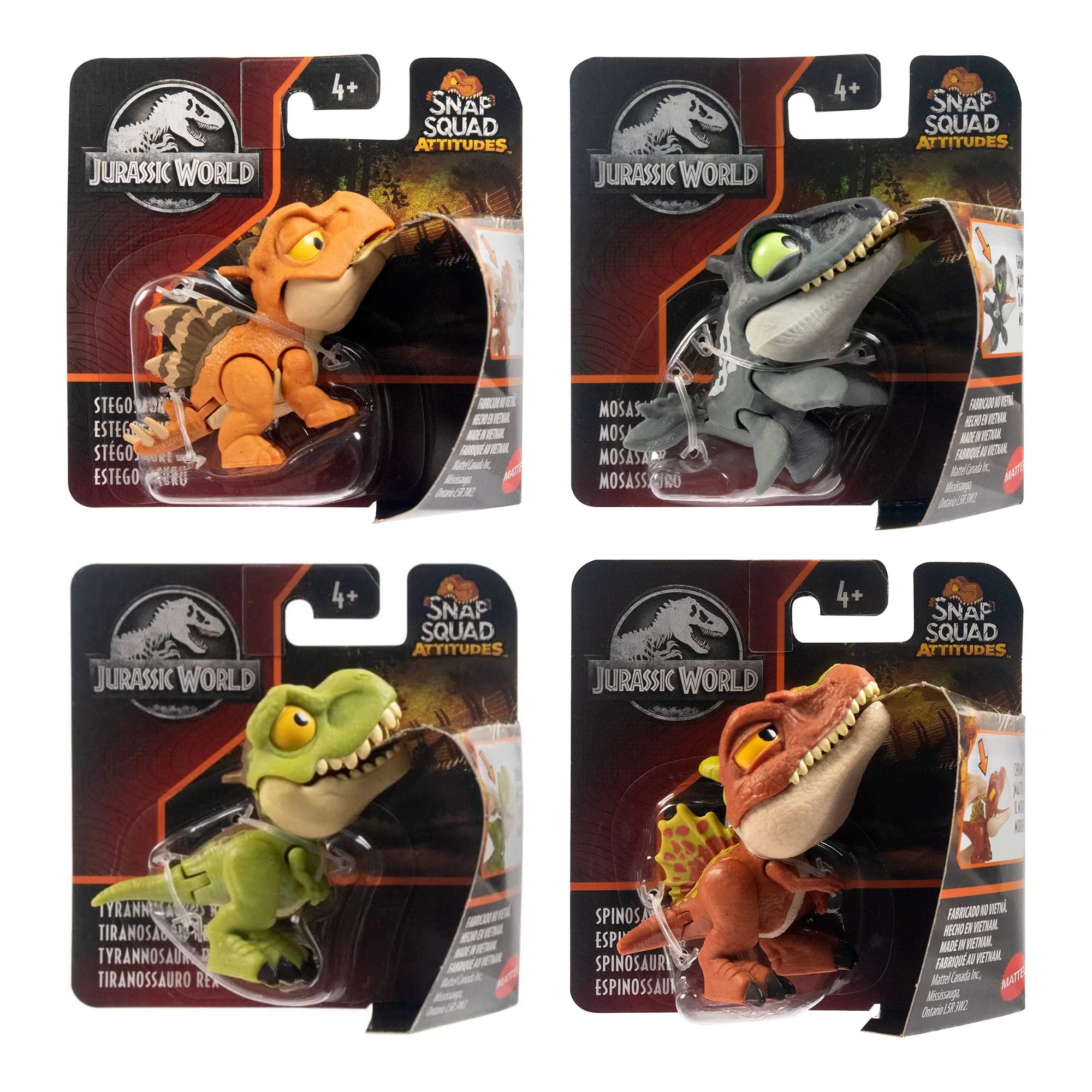 Jurassic World Snap Squad Attitudes Dinosaur Figure Set of 4 - Spinosaurus, Mosasaurus, Tyrannosaurus Rex & Stegosaurus - Toptoys2u