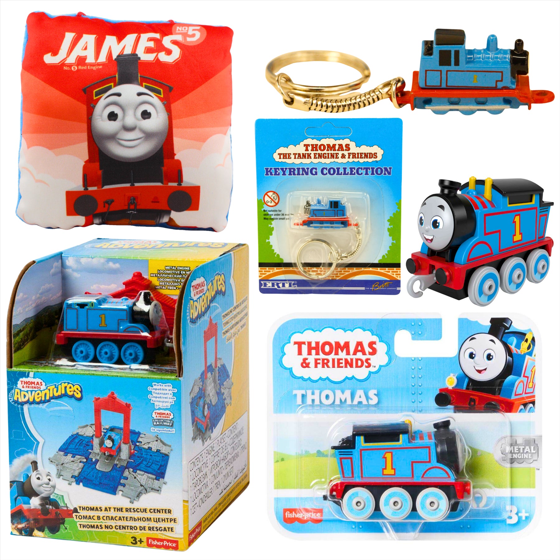 Thomas and Friends Rescue Center Playset, Diecast Thomas Keyring, Thomas Diecast Metal Engine Figure, and James 12cm Pillow - Toptoys2u