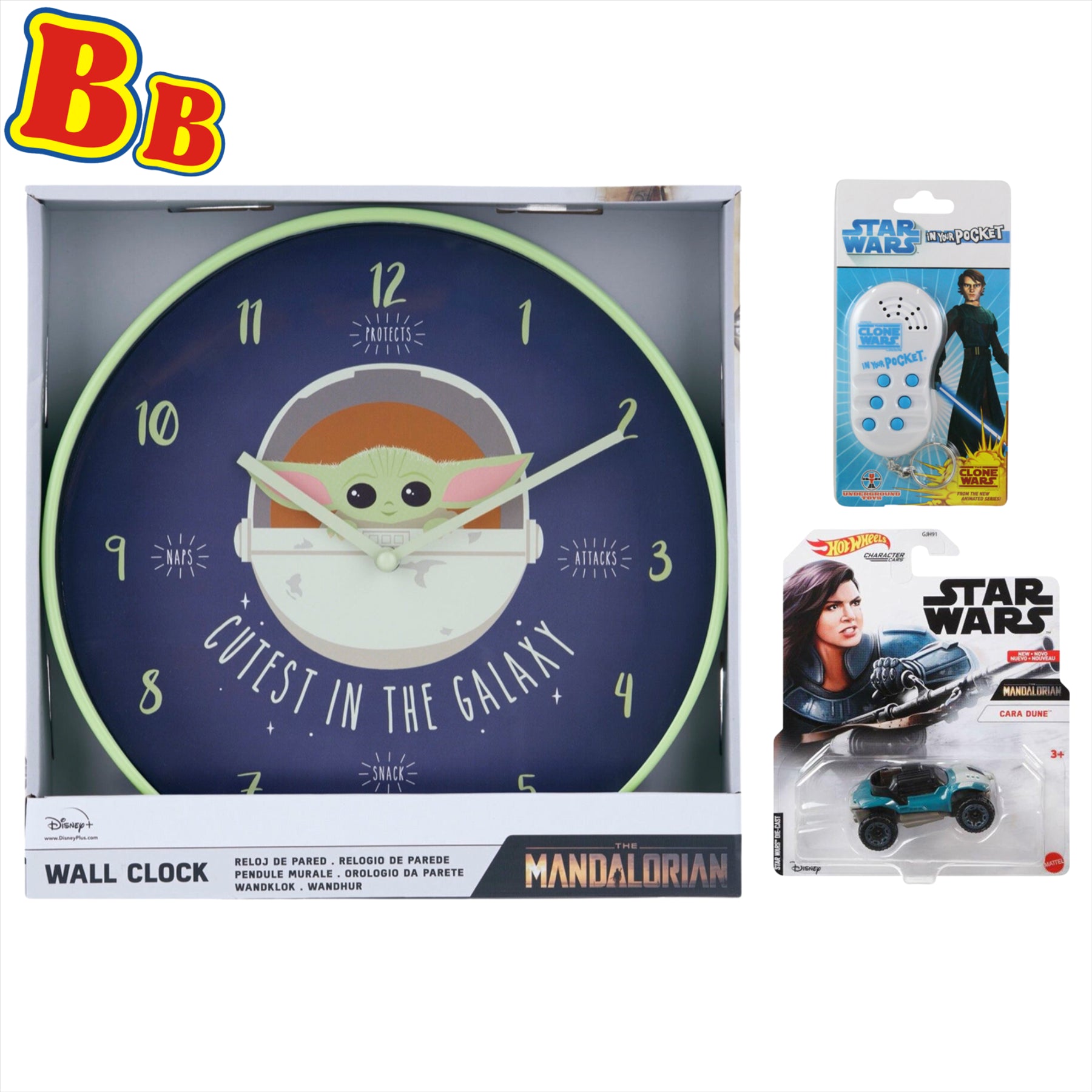 Star-Wars The Child Wall Clock, Clone Wars Voice Keychain and Hot Wheels Character Car Cara Dune - Toptoys2u