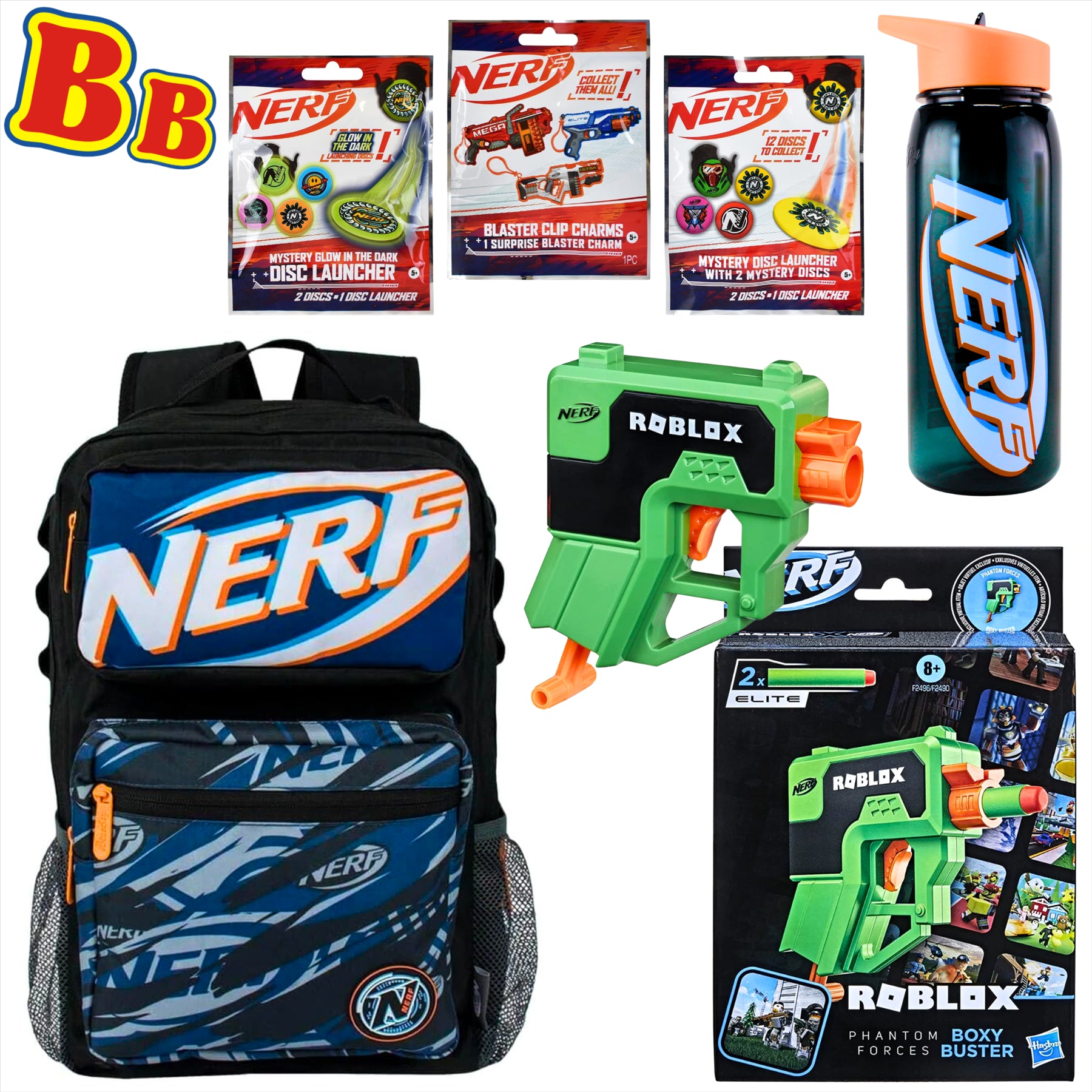 Nerf 6 Piece Tactical Supply Bundle - Backpack, Water Bottle, 3x Blind Bags, and Roblox Boxy Buster Blaster - Toptoys2u