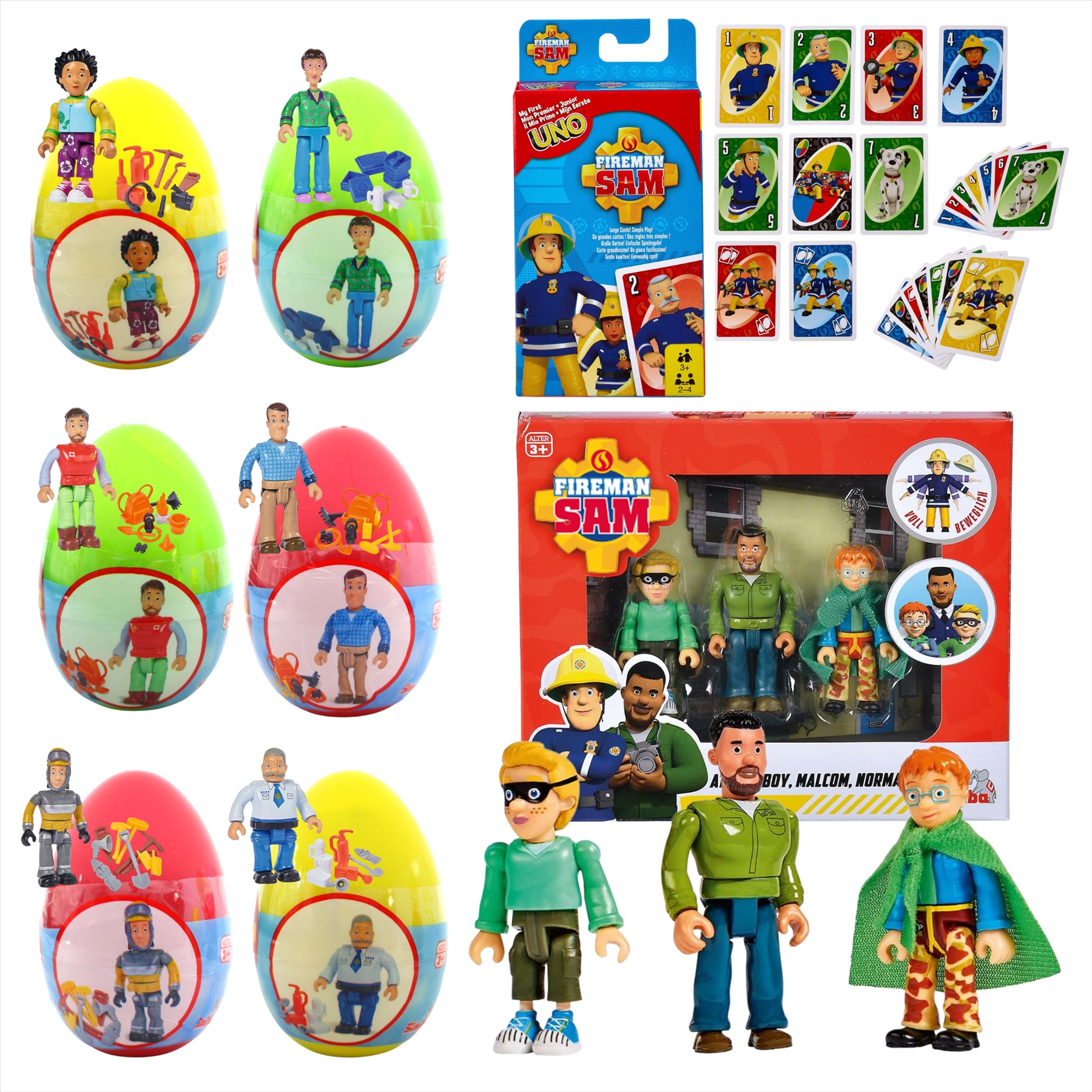Fireman Sam 8 Piece Mega Set - All 6 Articulated Play Figure Capsule Characters, Fireman Sam Uno Pack & Fire Man Sam Action Figure Police Set - Toptoys2u
