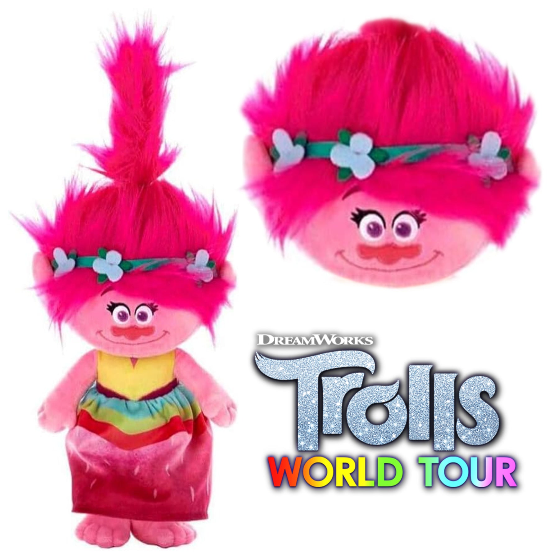Trolls World Tour - Poppy in Rainbow Dress 45cm 18" Super Soft Plush Toy - Toptoys2u
