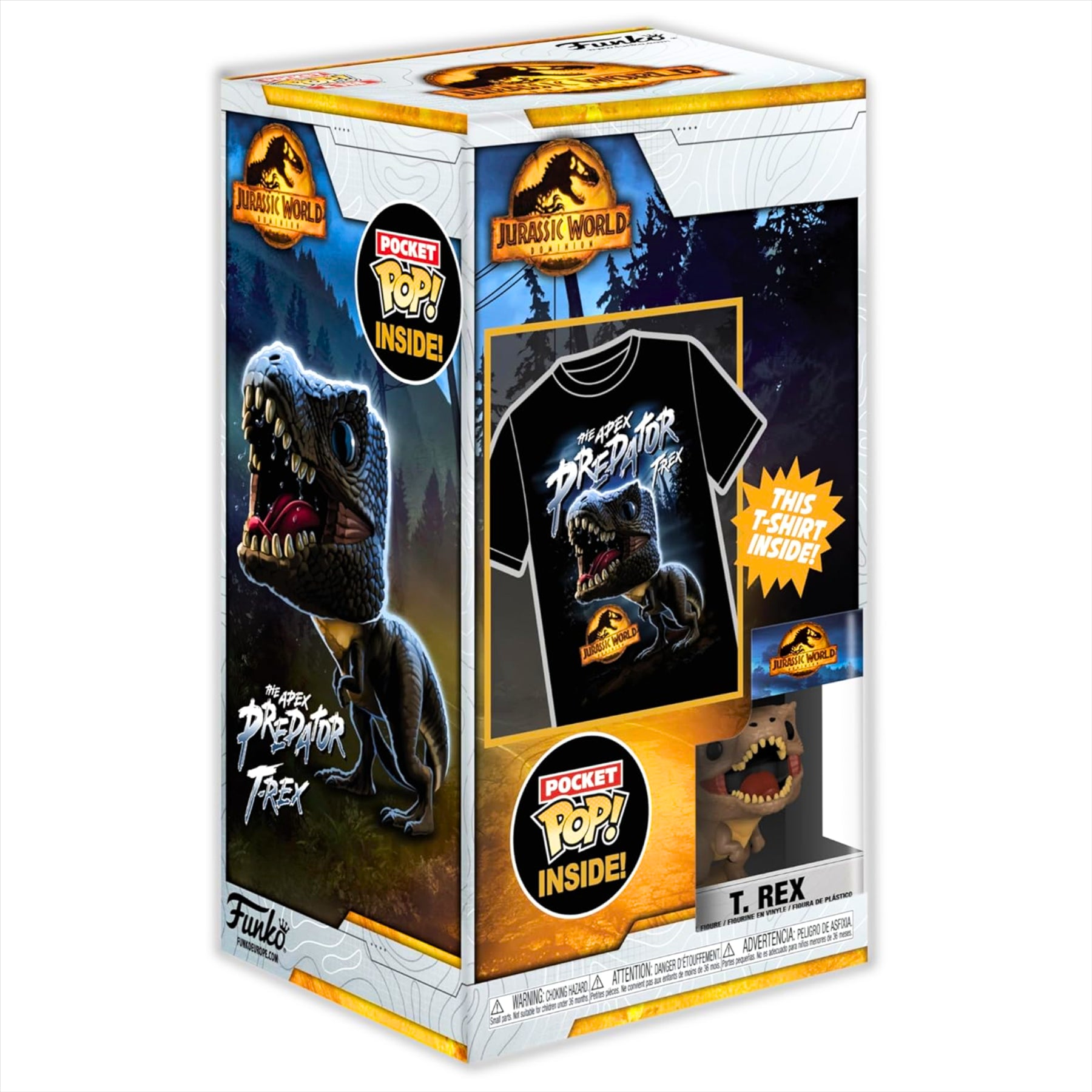 Jurassic World Funko T-Rex Large Children's T-Shirt with Pocket Pop!, Hot Wheels T-Rex Diecast Model Vehicle, and Revos Ian Malcolm 10cm Collectible Vinyl Figure Figure - 3-Piece Bundle - Toptoys2u