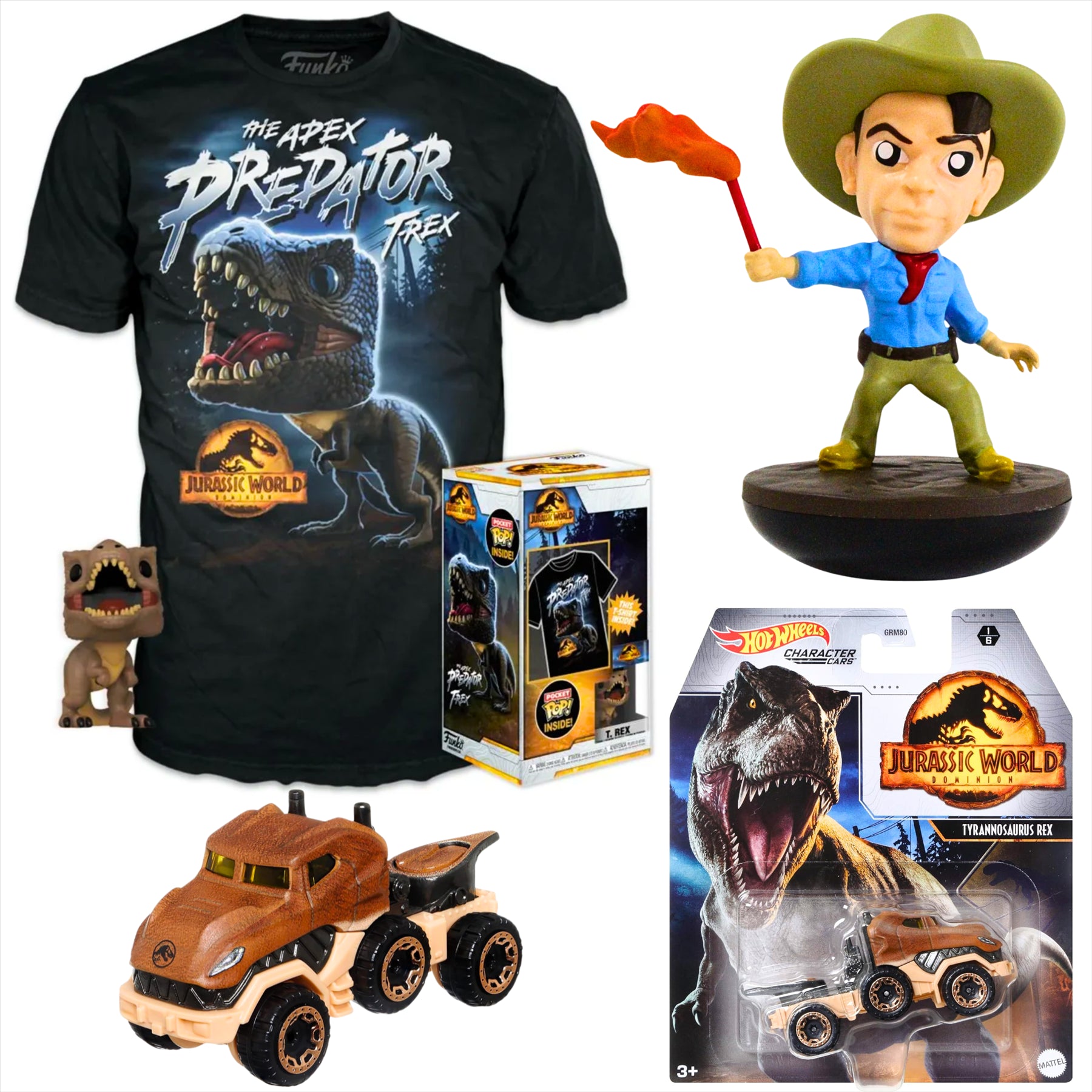 Jurassic World Funko T-Rex Large Children's T-Shirt with Pocket Pop!, Hot Wheels T-Rex Diecast Model Vehicle, and Revos Alan Grant 10cm Collectible Vinyl Figure Figure - 3-Piece Bundle - Toptoys2u