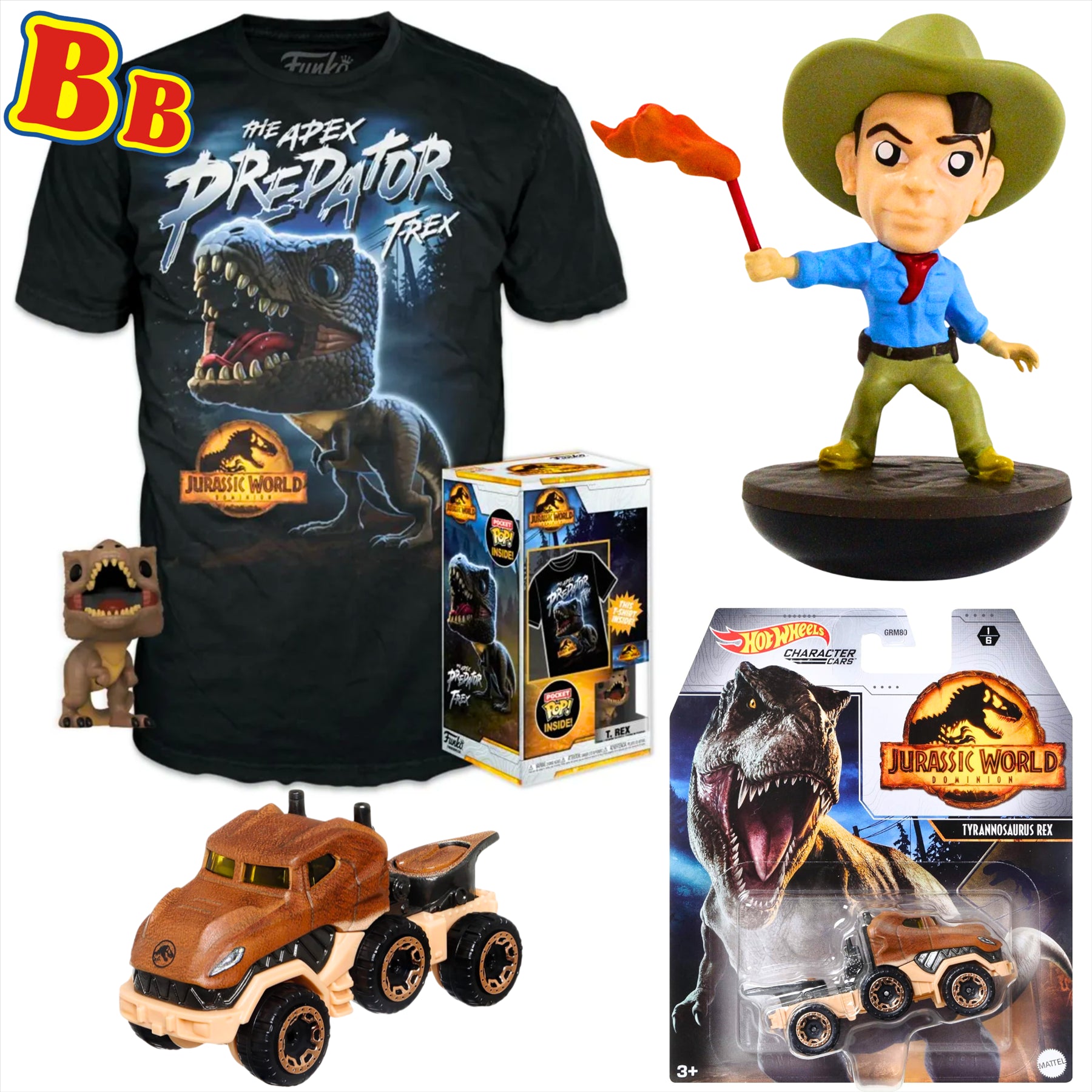 Jurassic World Funko T-Rex Large Children's T-Shirt with Pocket Pop!, Hot Wheels T-Rex Diecast Model Vehicle, and Revos Alan Grant 10cm Collectible Vinyl Figure Figure - 3-Piece Bundle - Toptoys2u