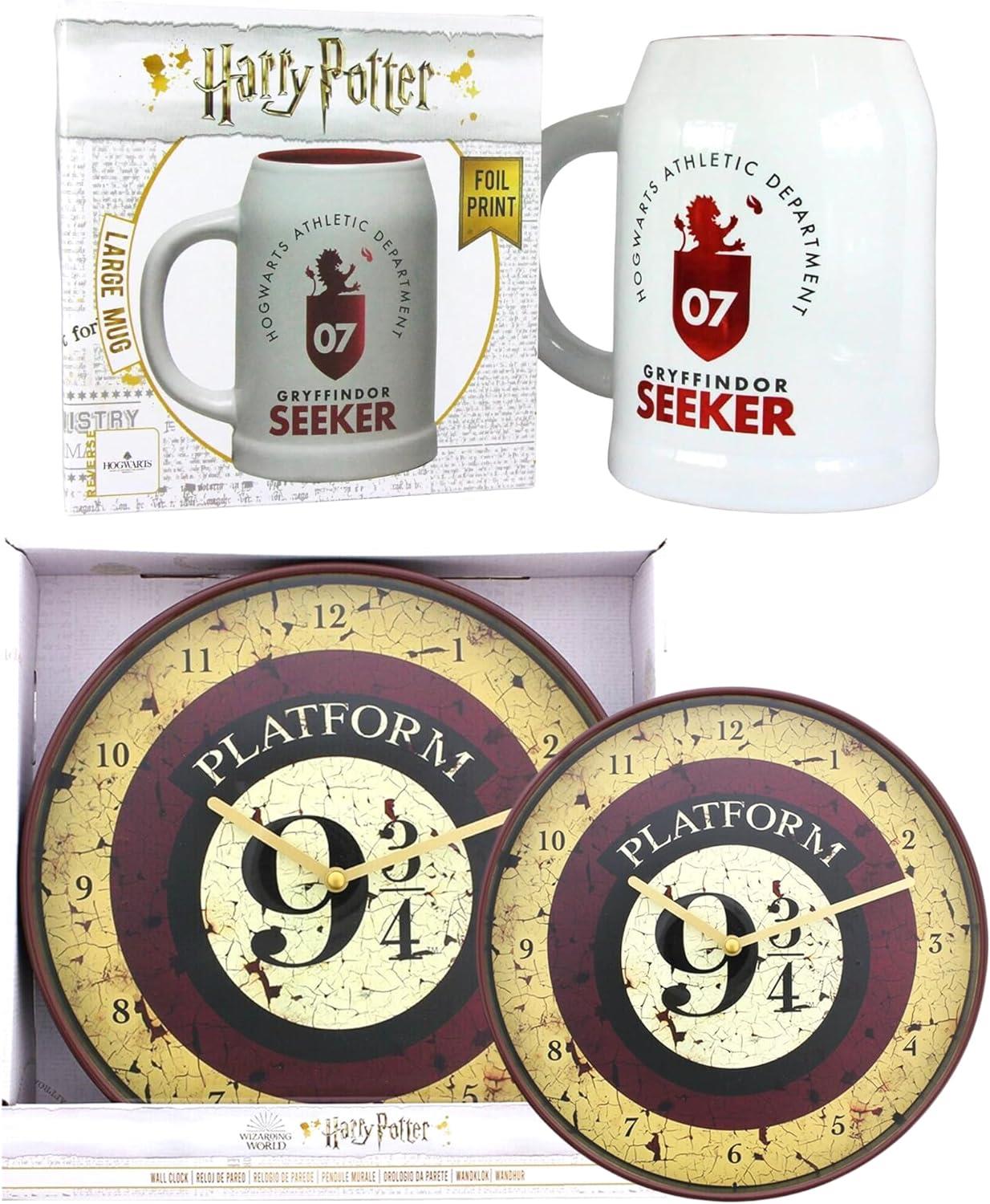 Harry Potter 2 Piece Gift Set - 10" 25cm Platform 9 3/4 Wall Clock & Gryffindor 07 Seeker 600ml Ceramic Stein - Toptoys2u
