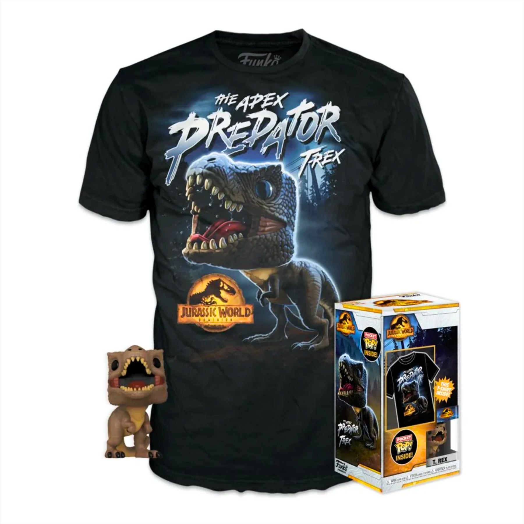 Jurassic World Funko T-Rex Large Children's T-Shirt with Pocket Pop!, Hot Wheels T-Rex Diecast Model Vehicle, and Revos Alan Grant 10cm Collectible Vinyl Figure Figure - 3-Piece Bundle - Toptoys2u