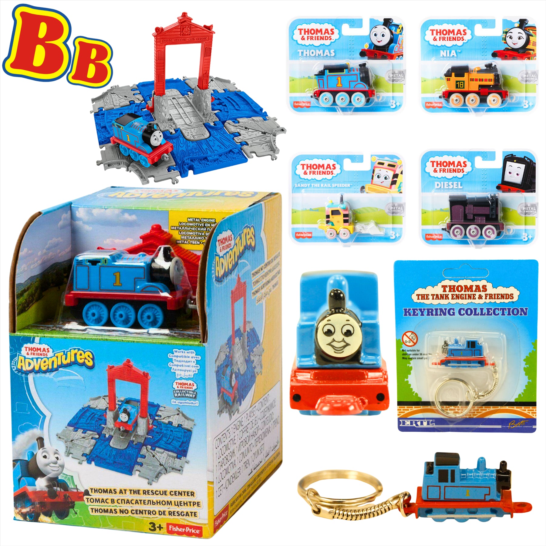 Thomas and Friends Rescue Center Playset, Diecast Thomas Keyring, and 4x Diecast Metal Engine Figures - Toptoys2u