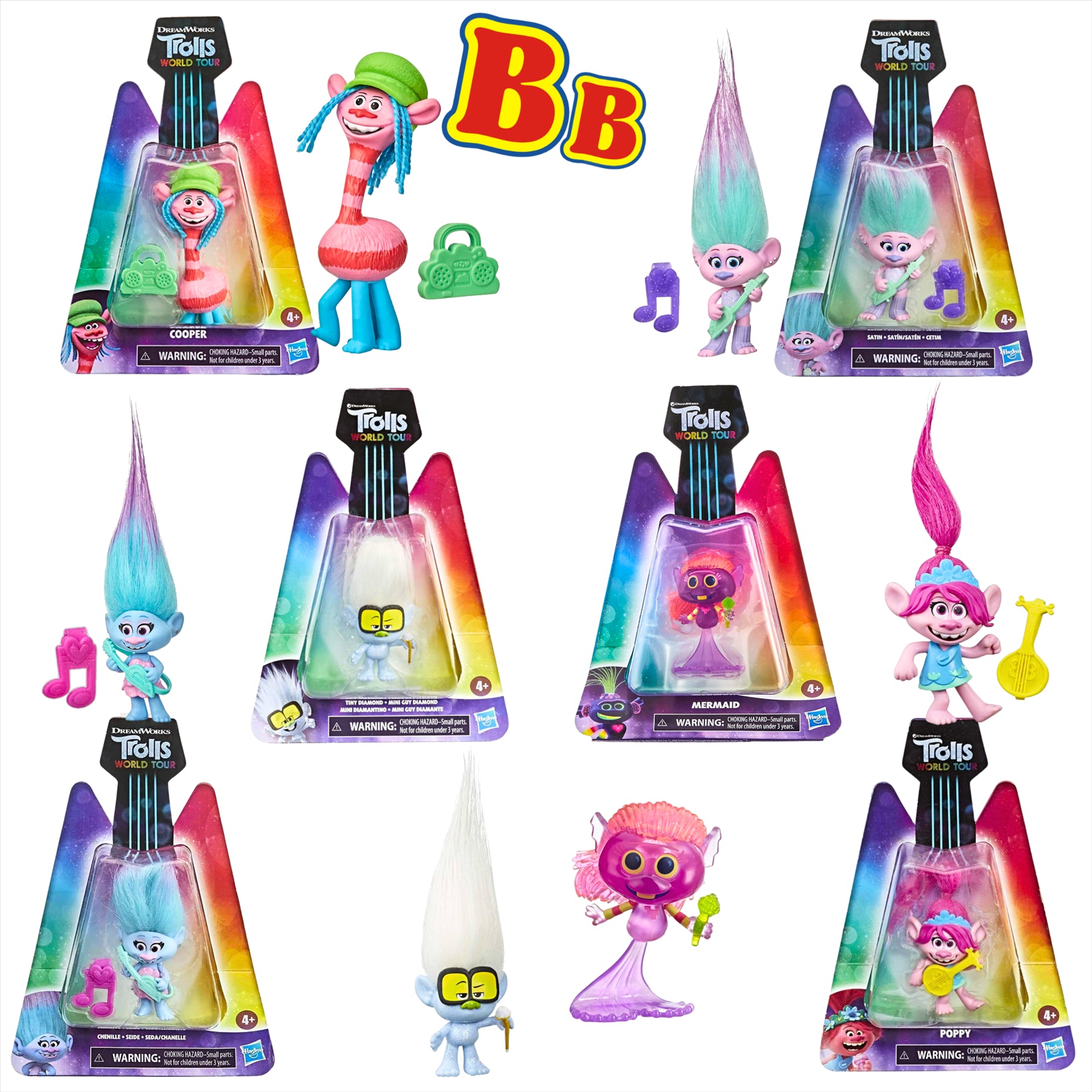 Trolls World Tour Miniature Figure with Musical Accessory - Pack of 6 - Poppy, Cooper, Tiny Diamond, Satin, Chenille, & Mermaid - Toptoys2u