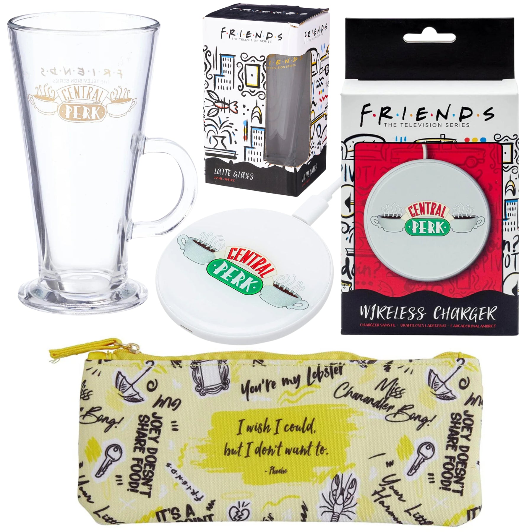 Friends TV Show Latte Glass, Wireless Phone Charger, and Pencil Case - 3-Piece Merchandise Bundle - Toptoys2u