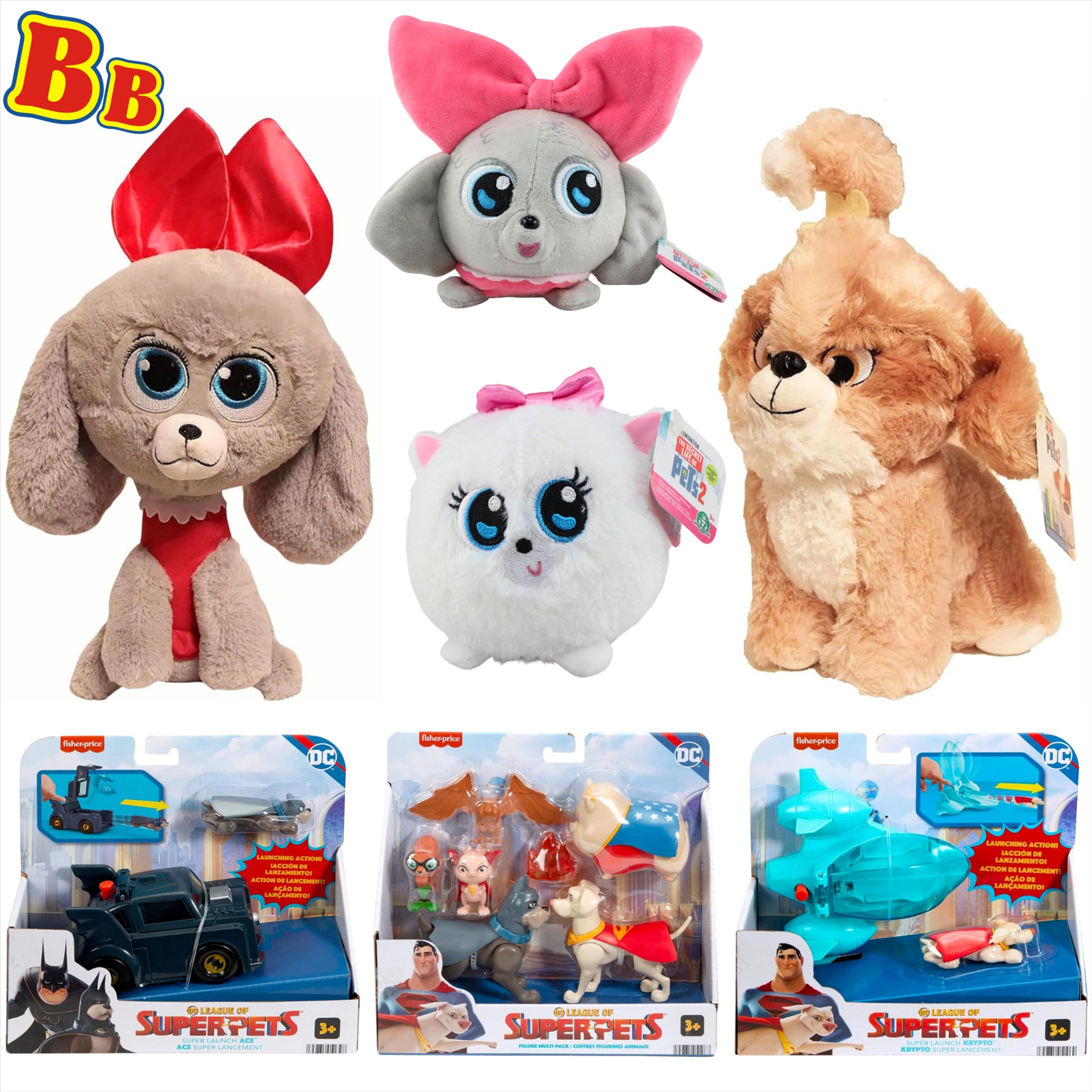 Secret Life of Pets 2x 25cm Plushes, 2x 15cm Slo Foam Plushes, and 3x DC League of Super Pets Playsets - 7-Piece Girls' Bundle - Toptoys2u