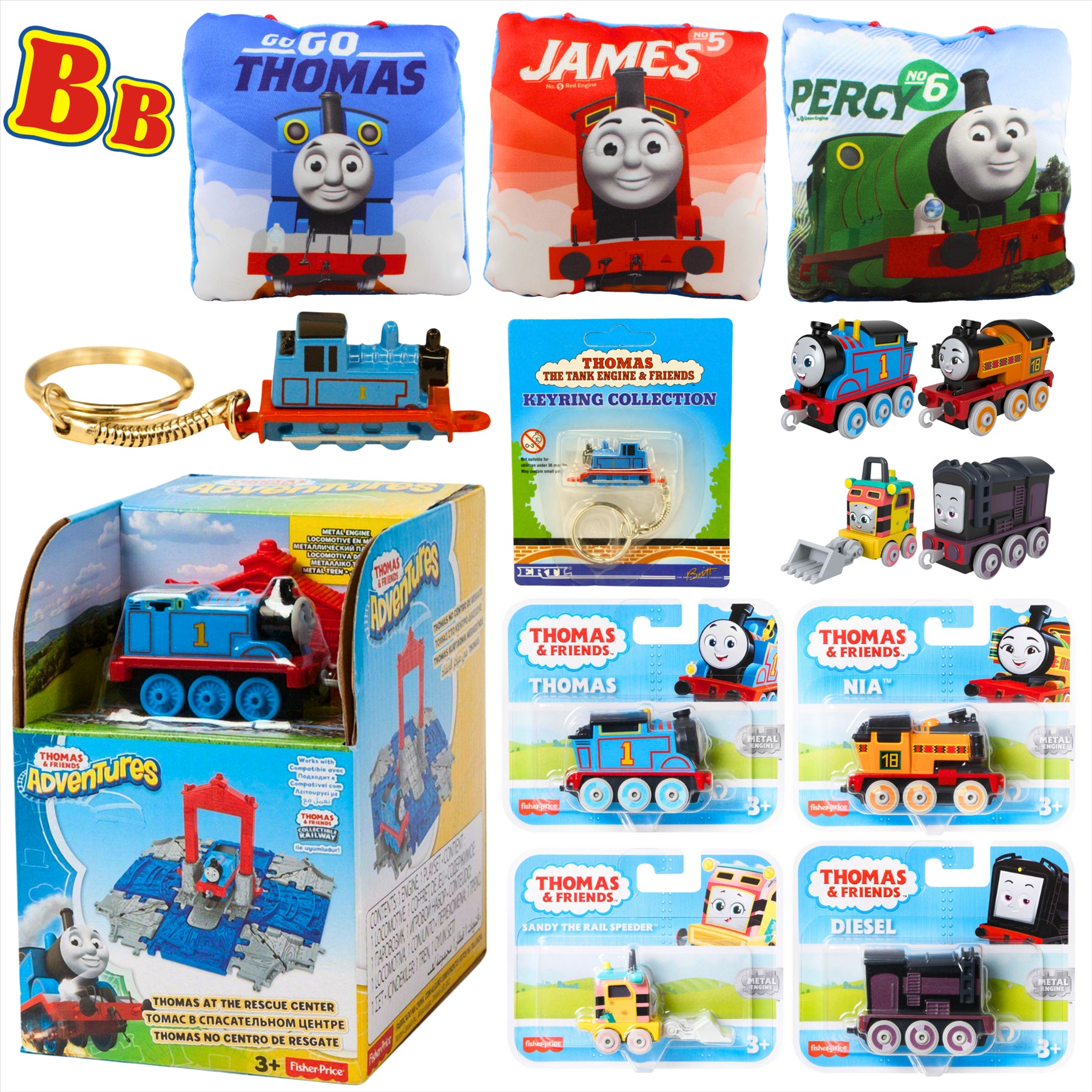 Thomas and Friends Rescue Center Playset, Diecast Thomas Keyring, 4x Diecast Metal Engine Figures, and 3x 12cm Pillows - Toptoys2u