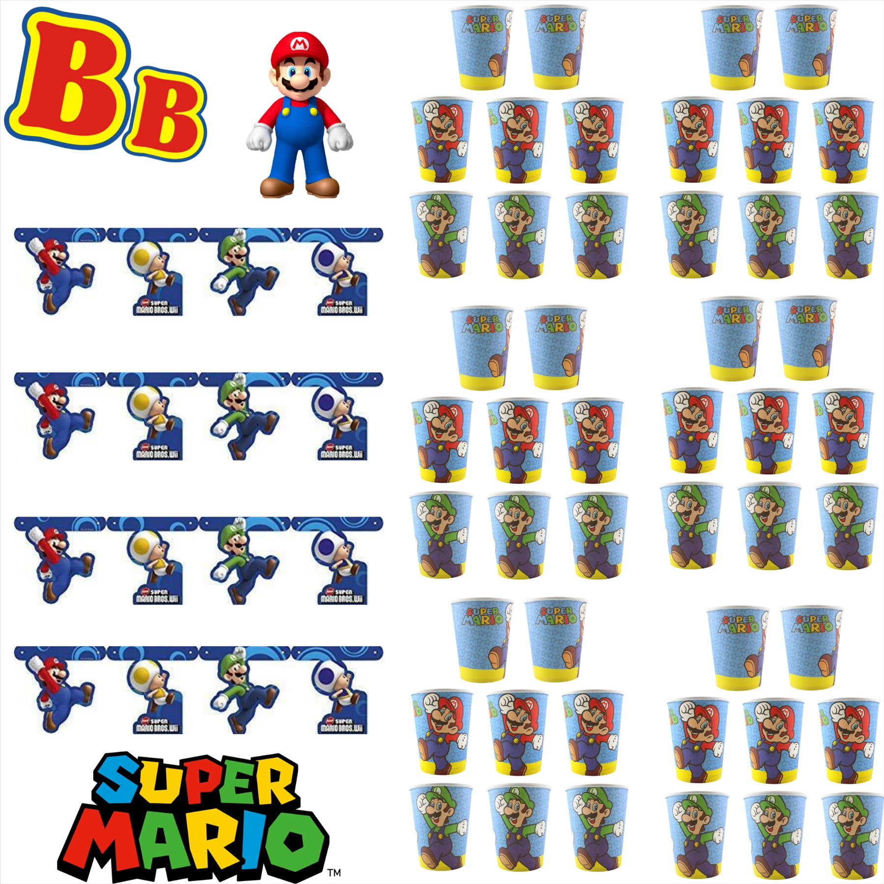 Super Mario Partyware - Pack of 4 Room Banners and 48 Paper Cups - Toptoys2u