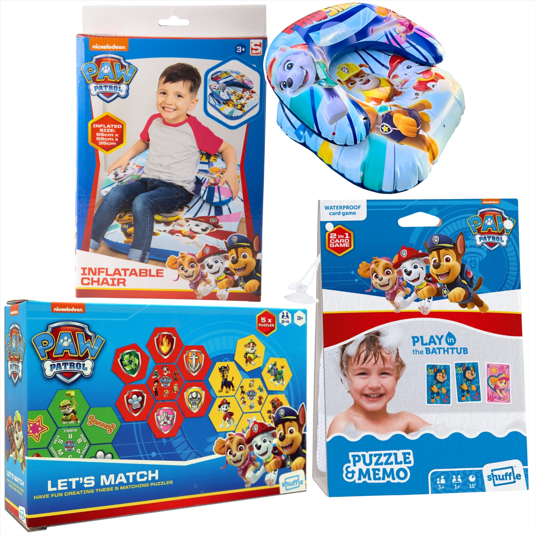 Paw Patrol Let's Match Puzzle Pack, Waterproof 2-in-1 Memo Shuffle Card Game, and Inflatable Kids' Chair - 3-Piece Bundle - Toptoys2u