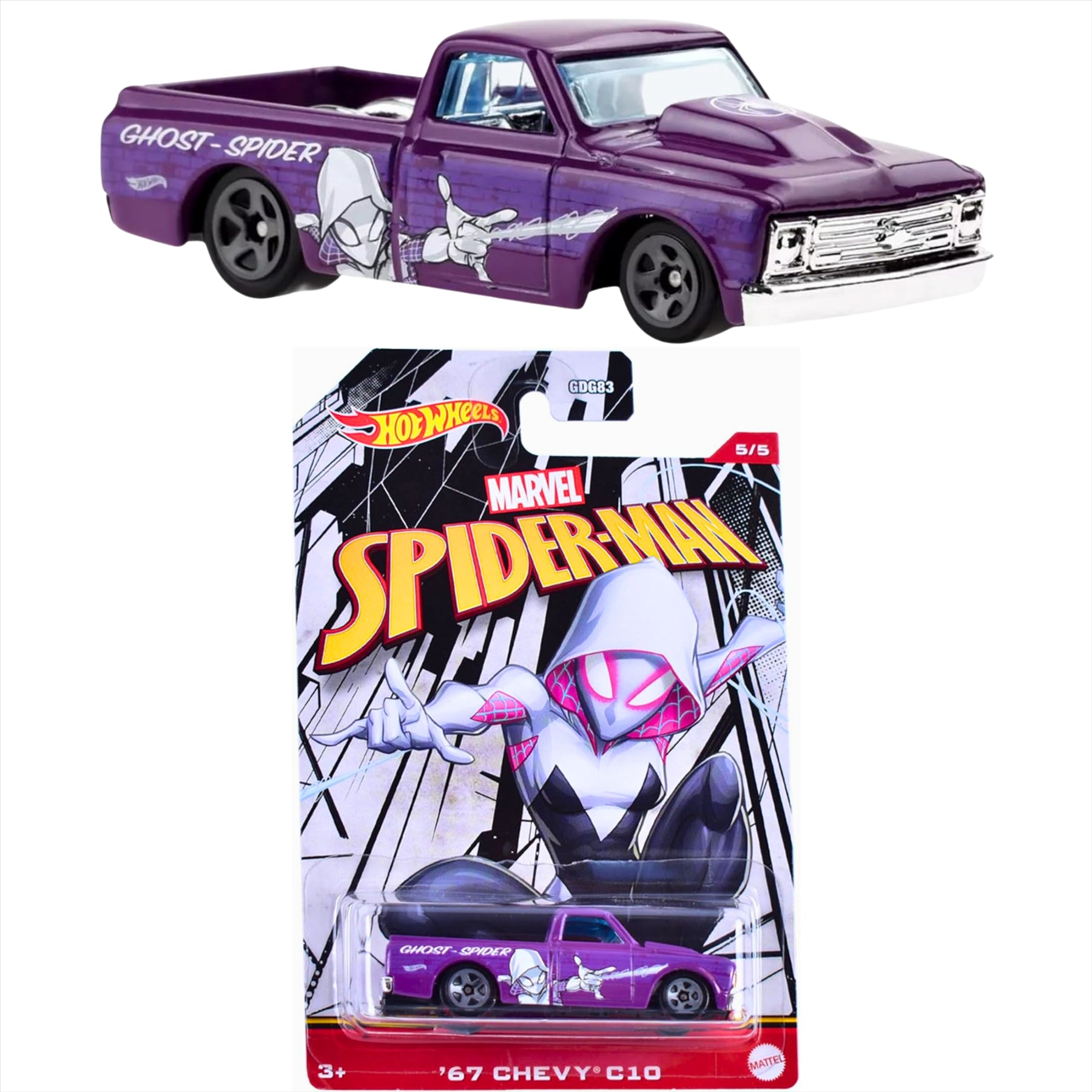 Hot Wheels Character Cars Marvel Spiderman 1:64 Scale Diecast Model Vehicles - Spider Girl Circle Tracker, Green Goblin Camaro Z28, & Ghost Spider 67 Chevy - Pack of 3 - Toptoys2u