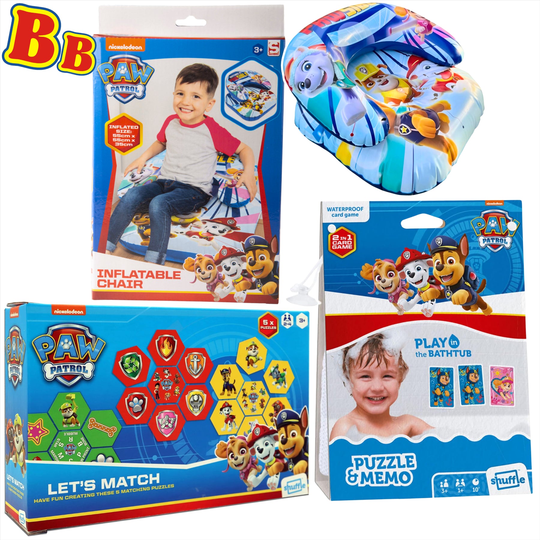 Paw Patrol Let's Match Puzzle Pack, Waterproof 2-in-1 Memo Shuffle Card Game, and Inflatable Kids' Chair - 3-Piece Bundle - Toptoys2u