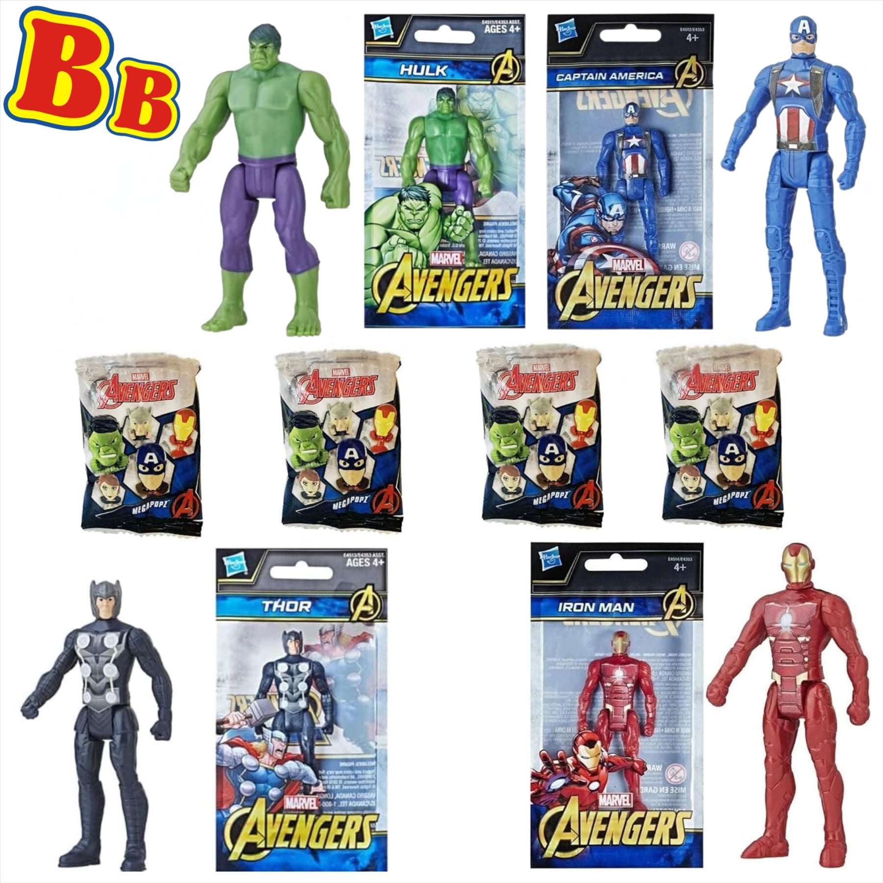 Marvel Avengers Hulk, Thor, Iron Man, and Captain America Pack of 4 Articulated 9.5cm Action Figures + 4x Mystery Megapopz Avengers Figures - Toptoys2u