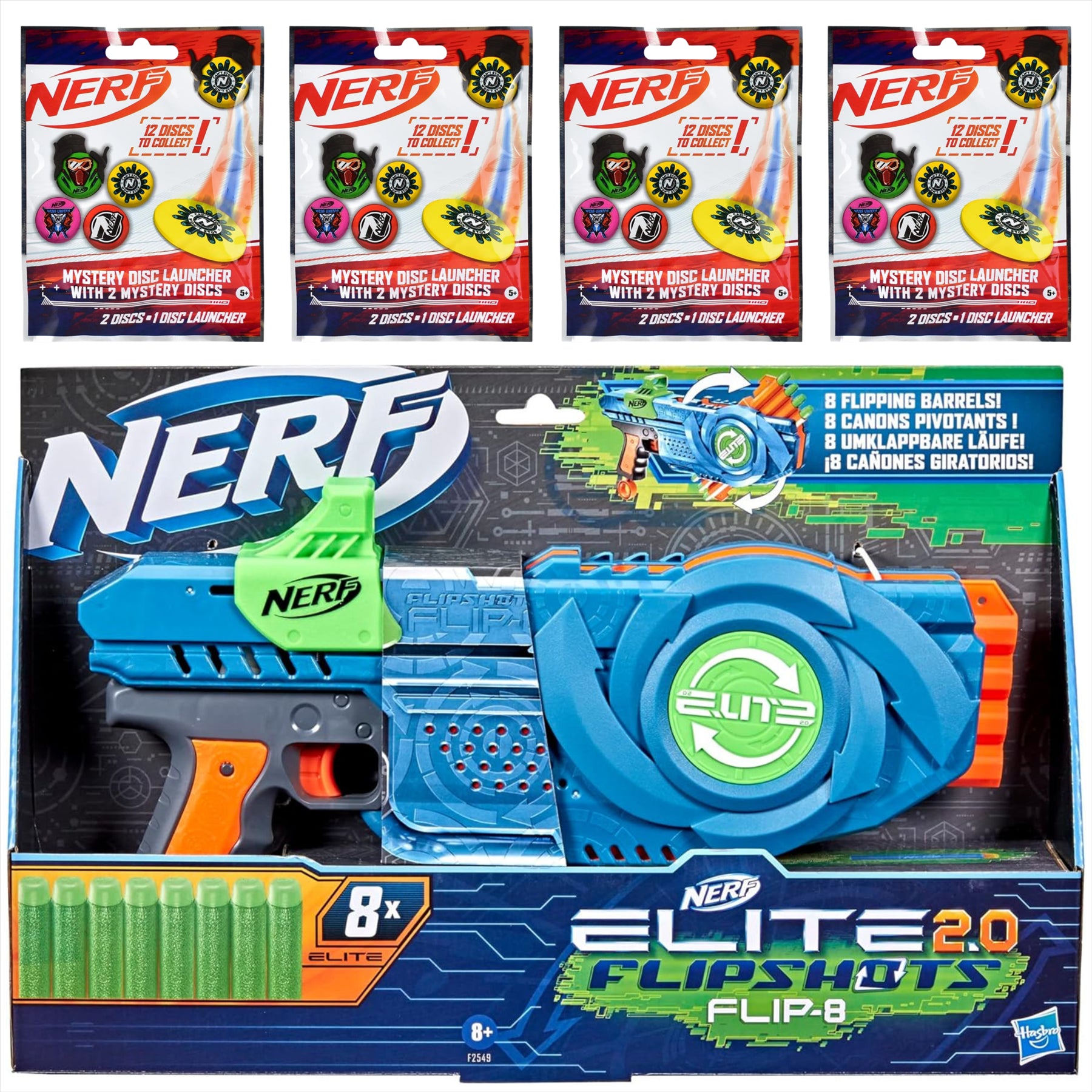 Nerf Elite 2.0 Flipshots Flip-8 Blaster & 4 Mystery Disc Launcher Blind Bags - 5-Piece Bundle - Toptoys2u