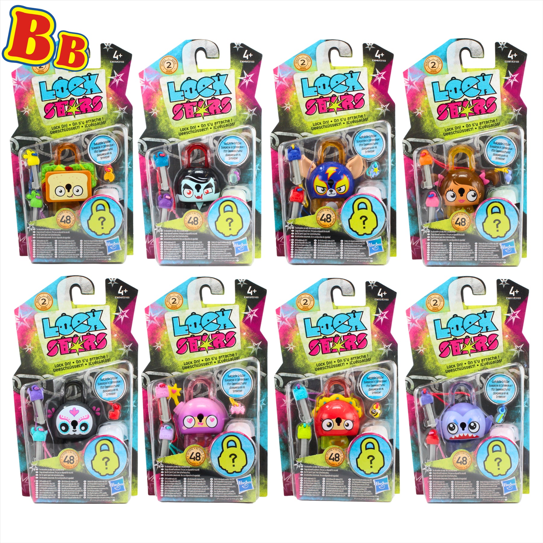 Lock Stars Series 2 Collectible Miniature 7cm Toy Figure Lock-On Clip with Accessories - Pack of 8 - Sandwich, Vampire, Dog Wrestler, Cavewoman, Sugar Skull Cat, Pink Bomb, Flower, & Shark Blue - Toptoys2u