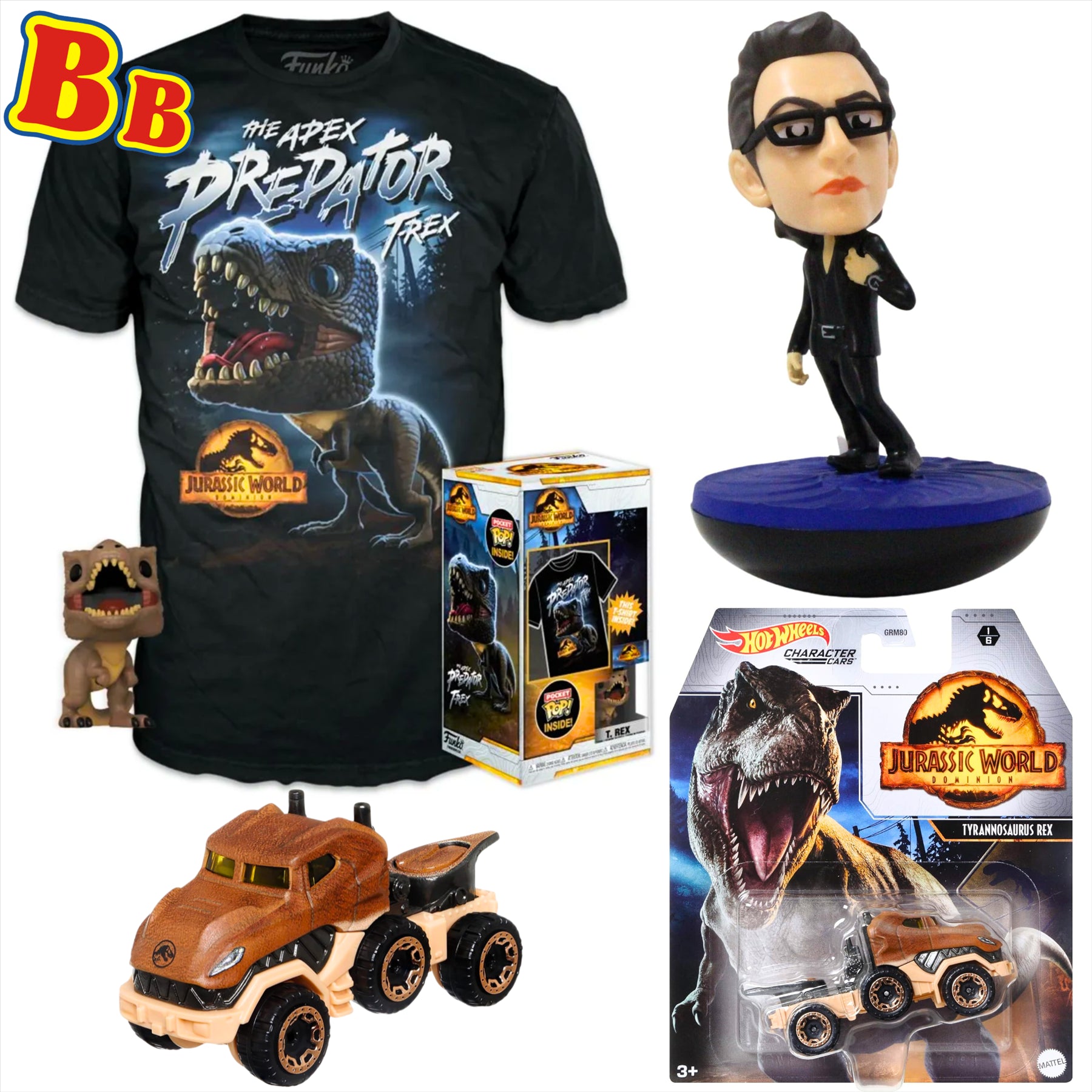 Jurassic World Funko T-Rex Large Children's T-Shirt with Pocket Pop!, Hot Wheels T-Rex Diecast Model Vehicle, and Revos Ian Malcolm 10cm Collectible Vinyl Figure Figure - 3-Piece Bundle - Toptoys2u