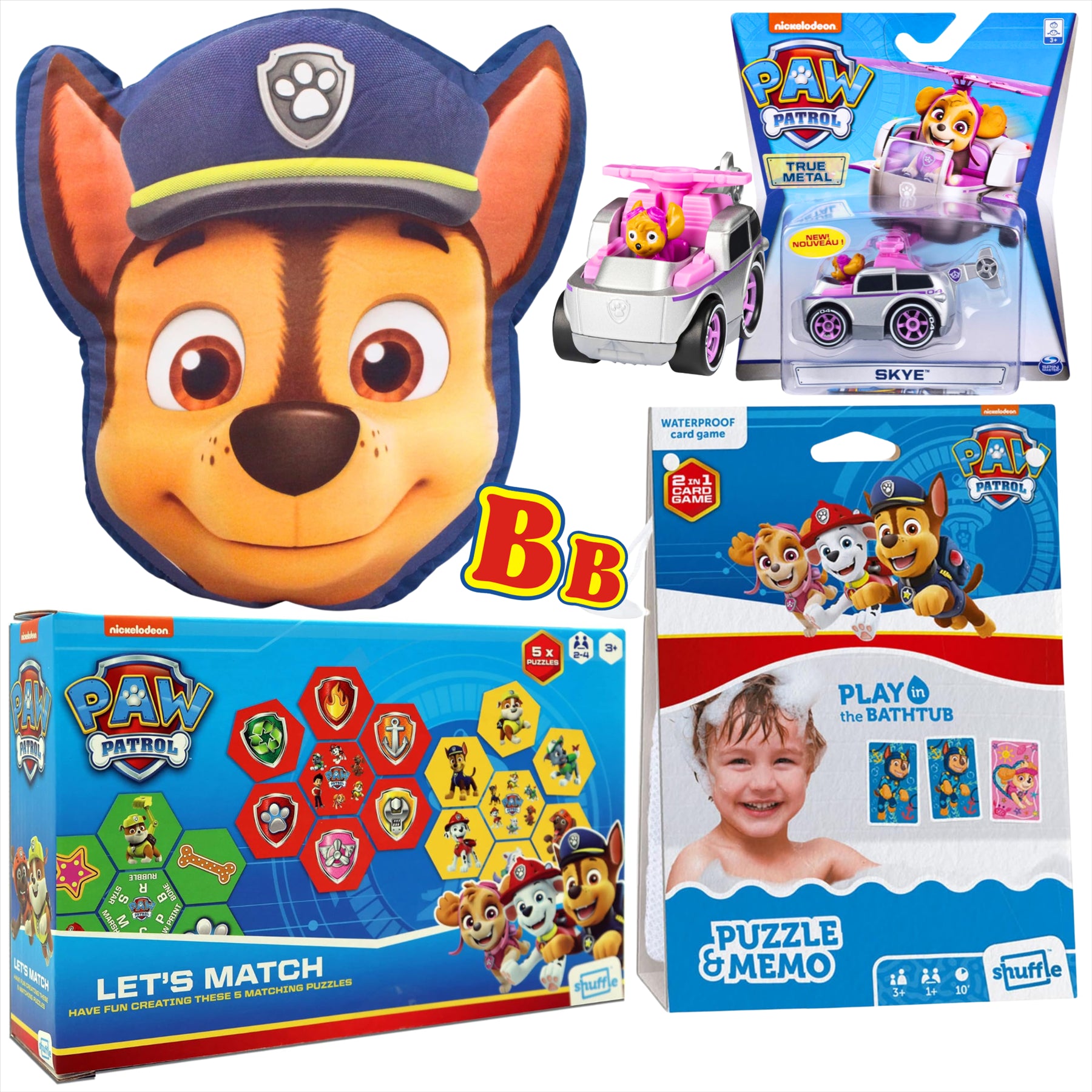 Paw Patrol Let's Match Puzzle Pack, Waterproof 2-in-1 Memo Shuffle Card Game, Large Chase Head Cushion, and Diecast Skye Model Vehicle - 4-Piece Bundle - Toptoys2u