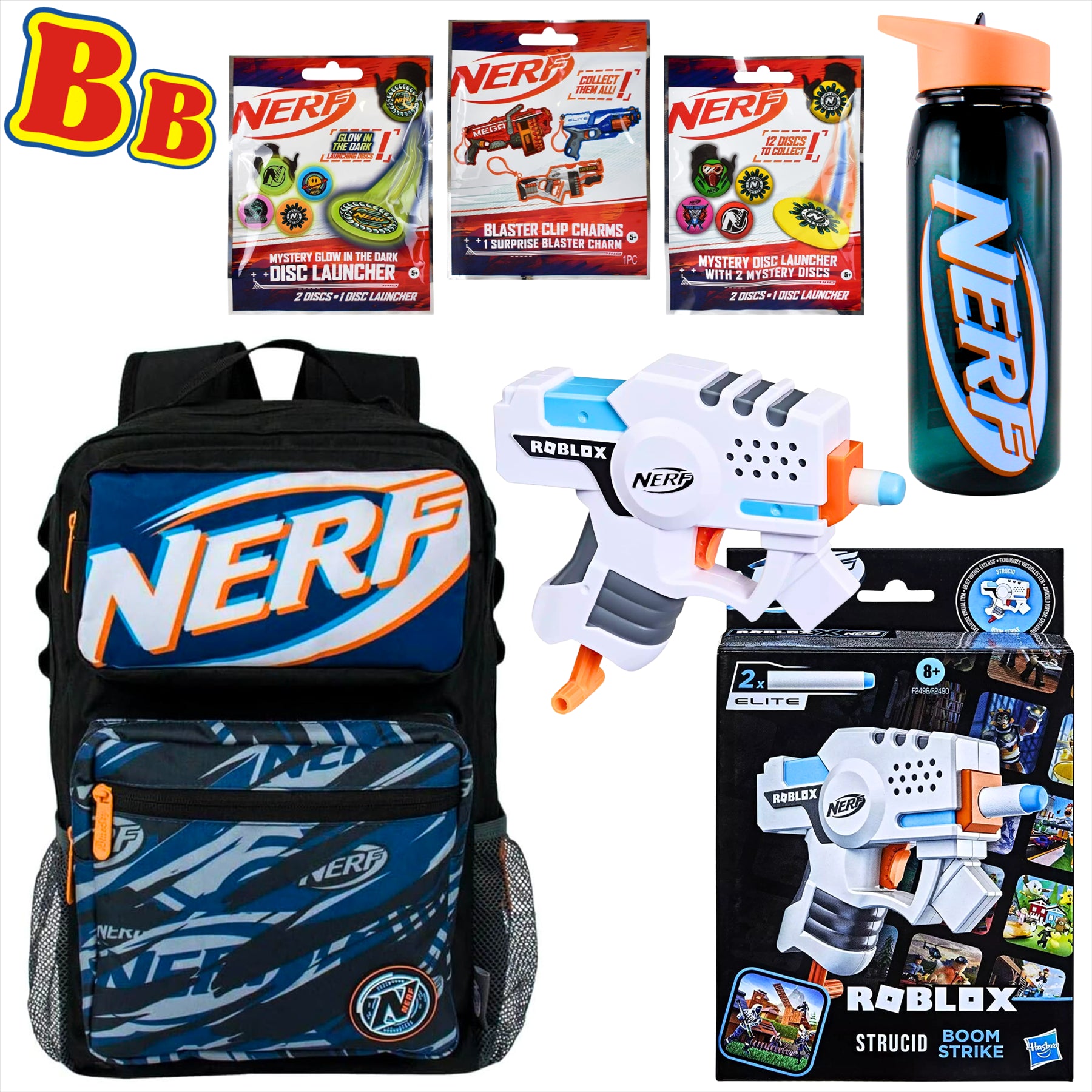 Nerf 6 Piece Tactical Supply Bundle - Backpack, Water Bottle, 3x Blind Bags, and Roblox Boom Strike Blaster - Toptoys2u