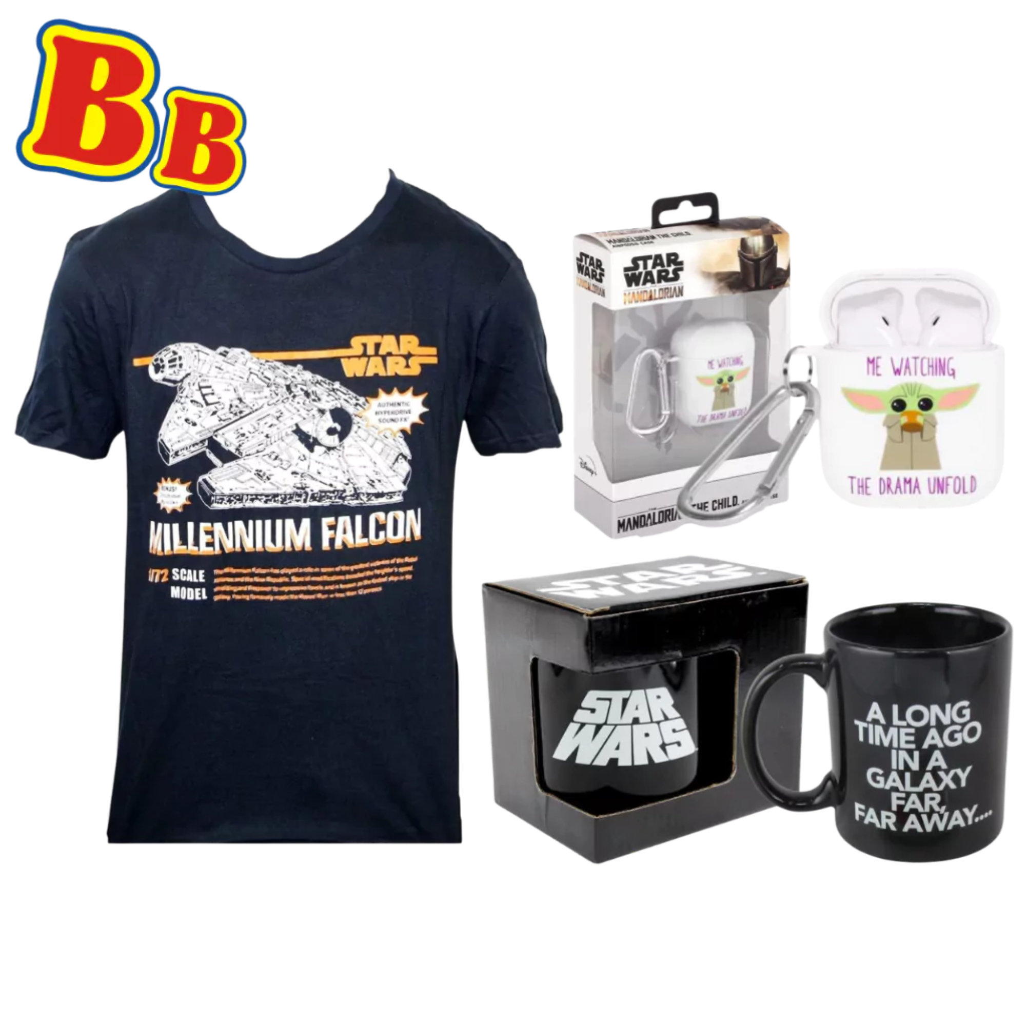 Star Wars - 3pc Gift Set - Millenium Falcon T-Shirt Medium, Far Away Mug 350ml & The Child Airpod Case - Toptoys2u