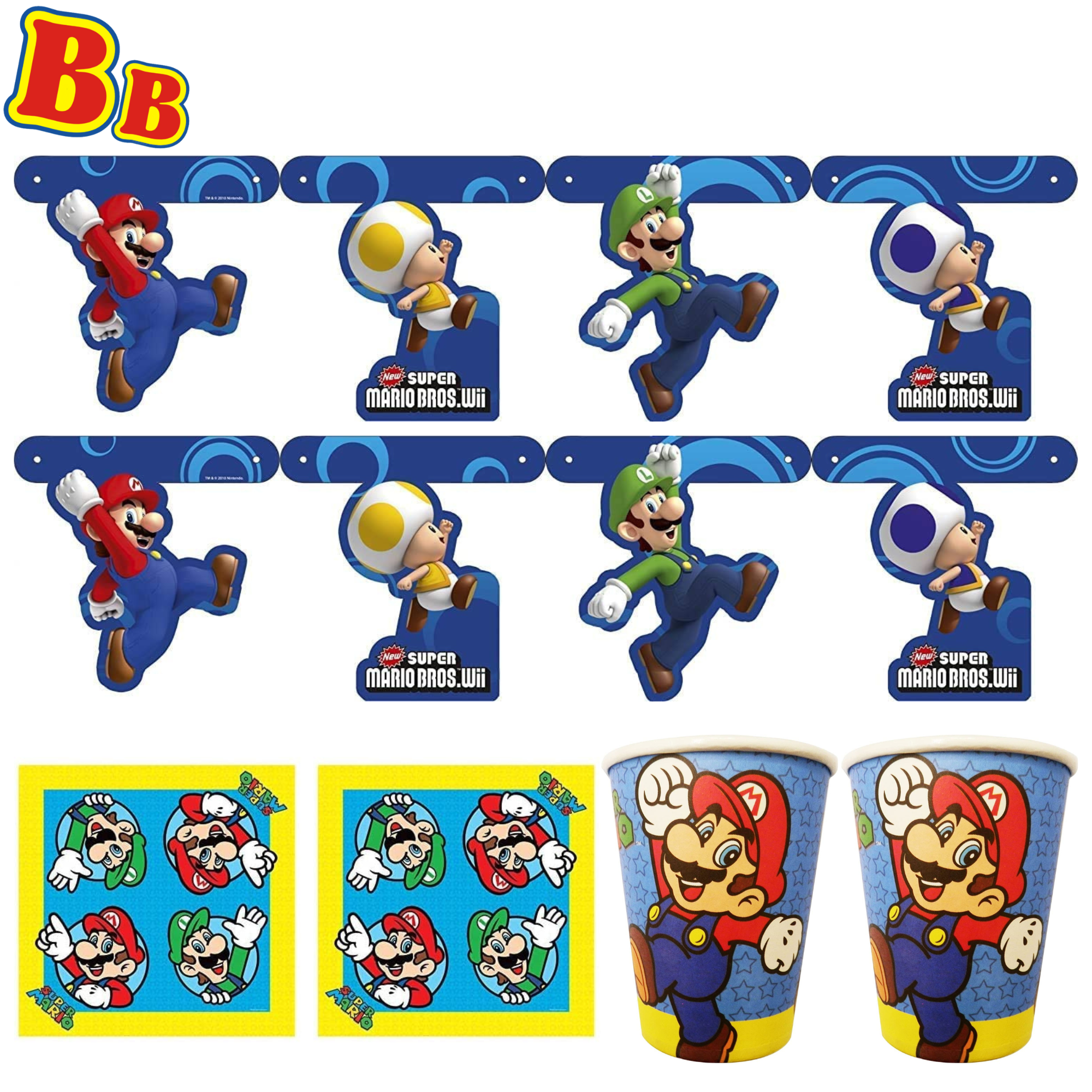 Nintendo Super Mario Bros 6 Piece Party Set - 2x 8 Paper Cups, 2x 16 Napkins & 2x 150cm Room Banner - Toptoys2u