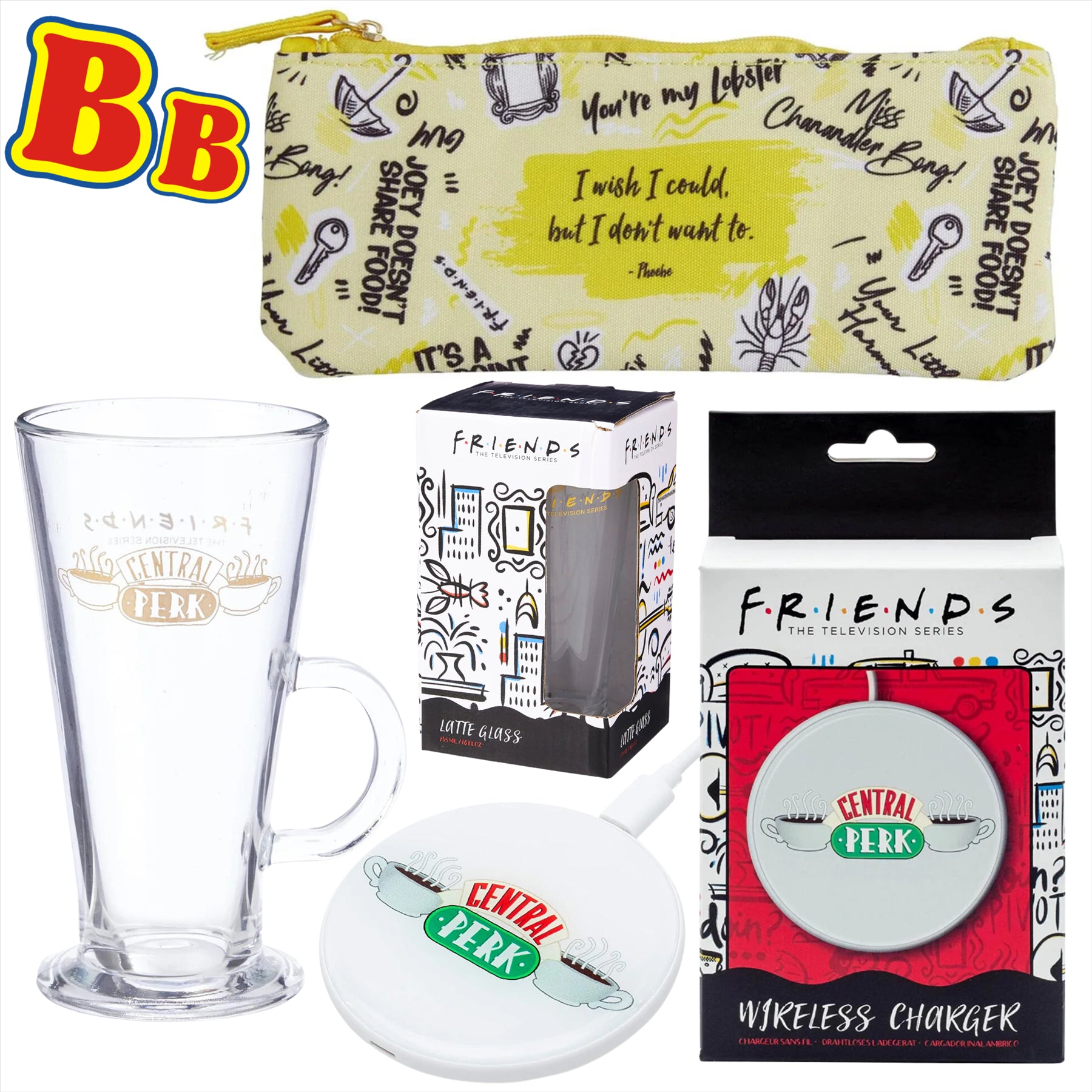 Friends TV Show Latte Glass, Wireless Phone Charger, and Pencil Case - 3-Piece Merchandise Bundle - Toptoys2u