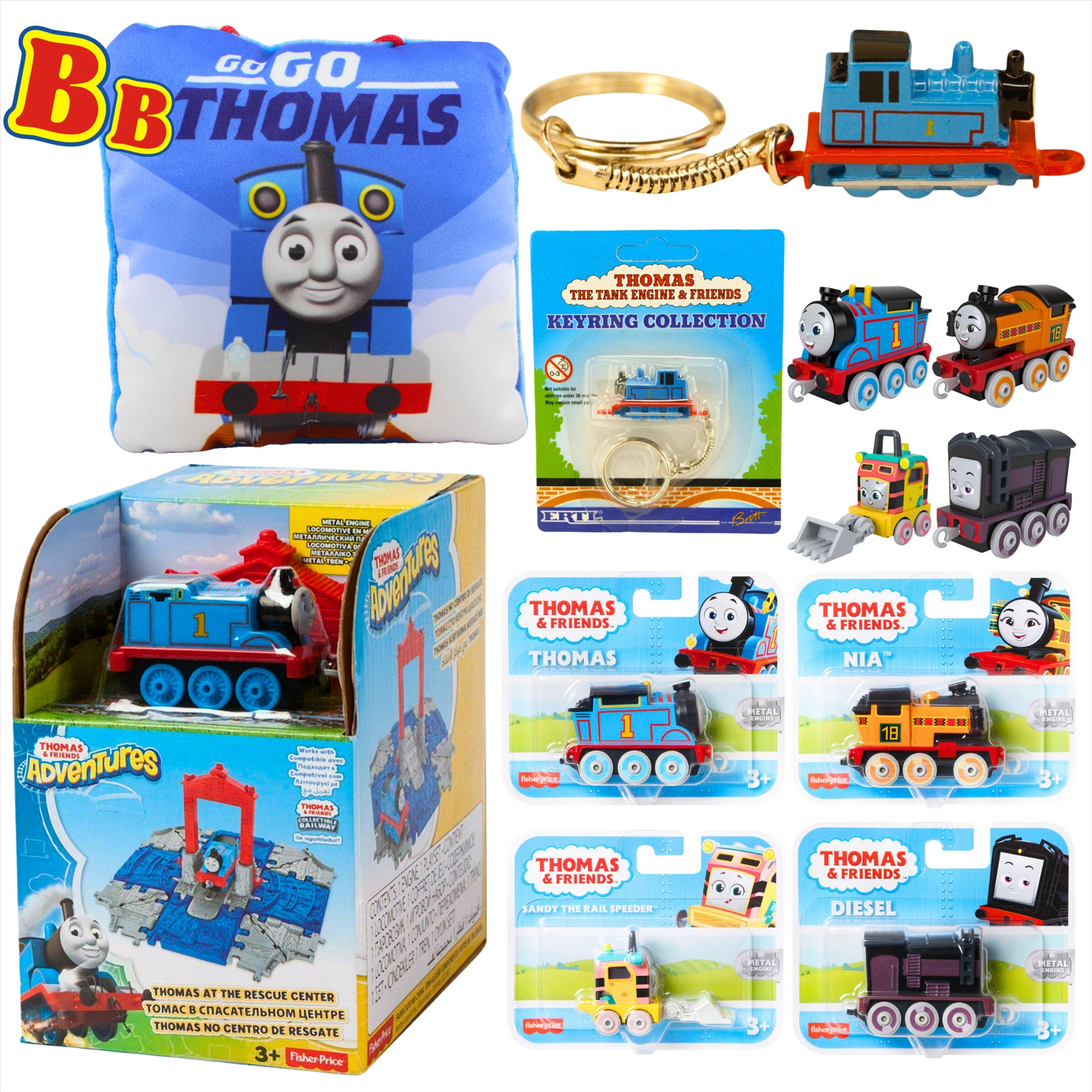 Thomas and Friends Rescue Center Playset, Diecast Thomas Keyring, 4x Diecast Metal Engine Figures, and Thomas 12cm Pillow - Toptoys2u