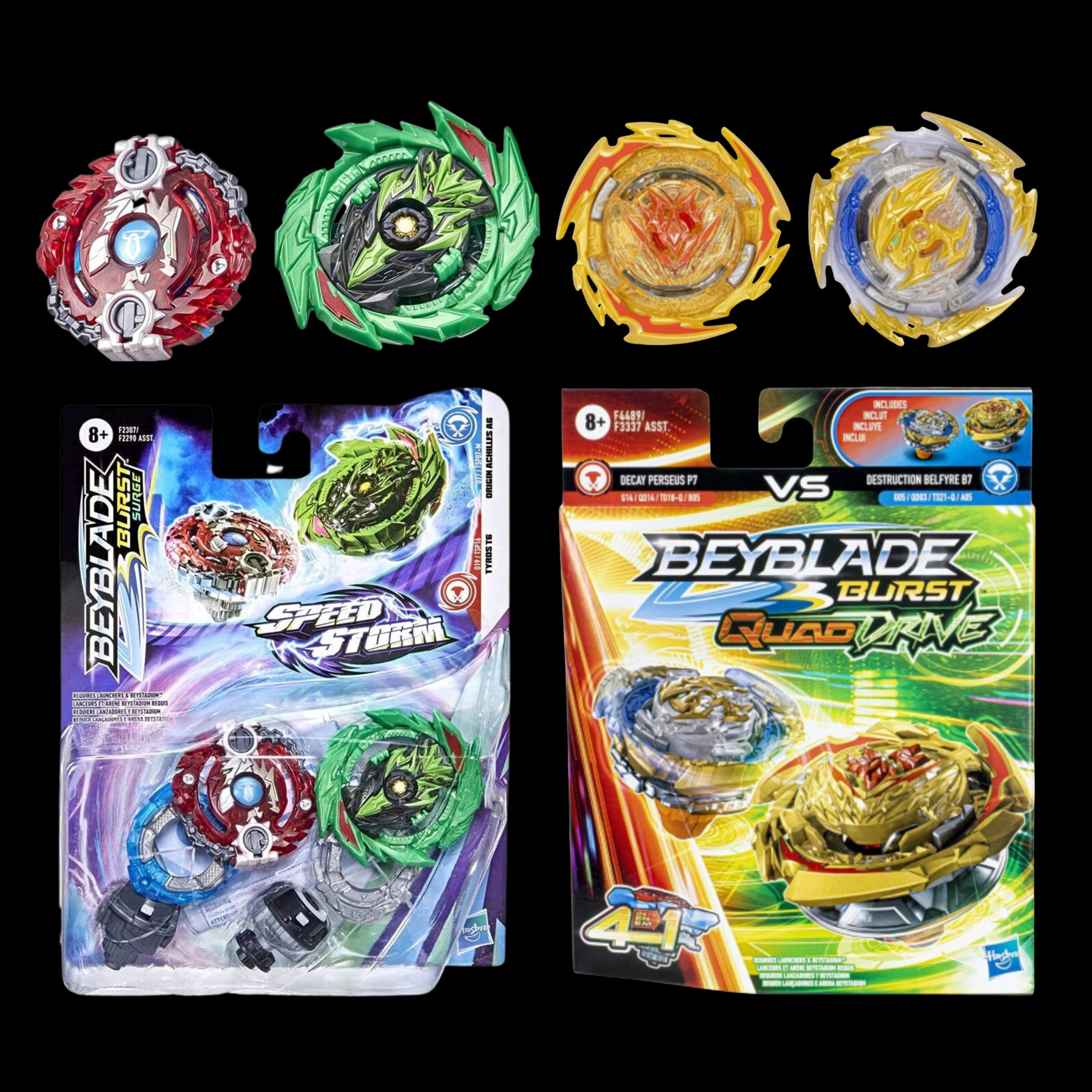 Beyblade Burst Speedstorm & Quad Drive - Original A6, Tyros T6, Decay Perseus P7, Destruction Belfyre B7 - Twin Pack - Toptoys2u