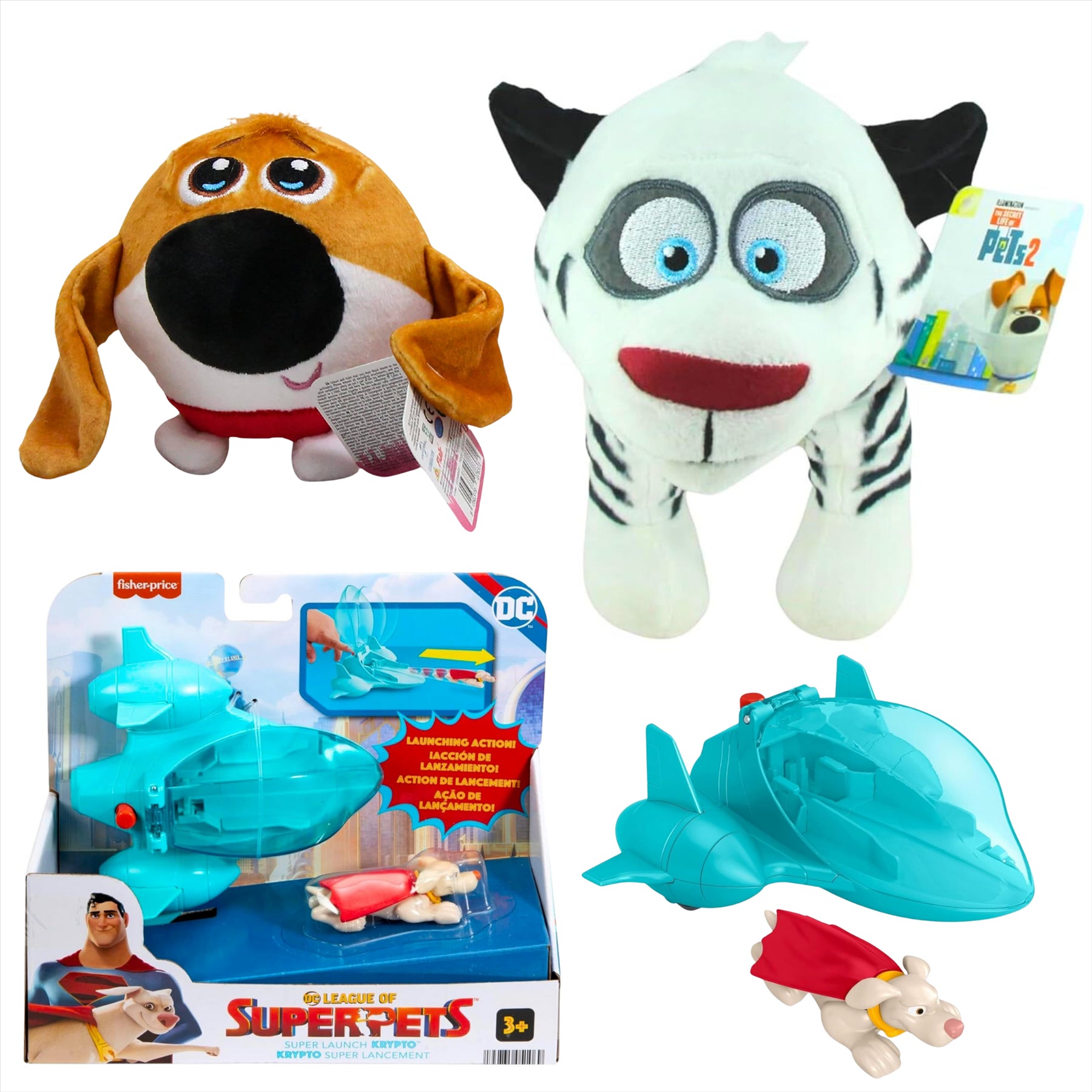 Secret Life of Pets Hu 25cm Plush, Tiny 15cm Slo Foam Plush, and DC League of Super Pets Super Launch Krypto Playset - 3-Piece Bundle - Toptoys2u